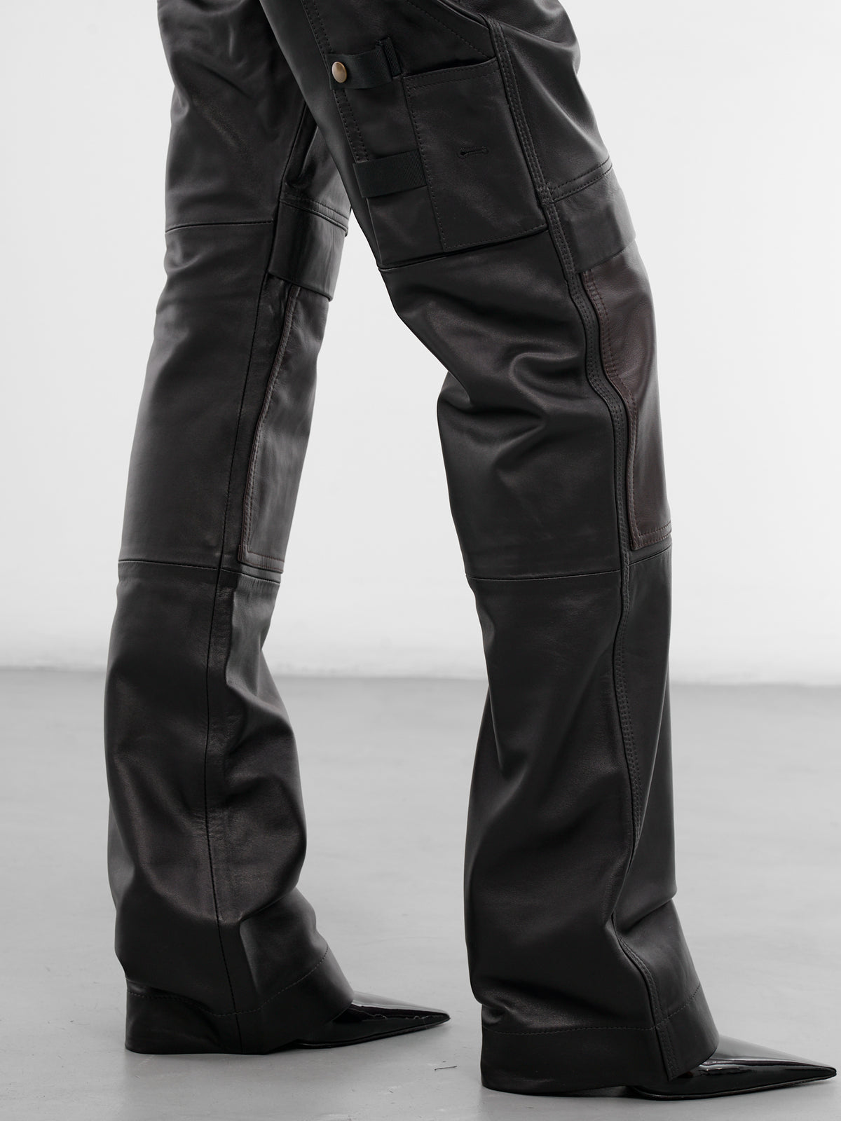 Black Leather Cargo Work Pants (PA02972-0363-BLACK-BROWN)