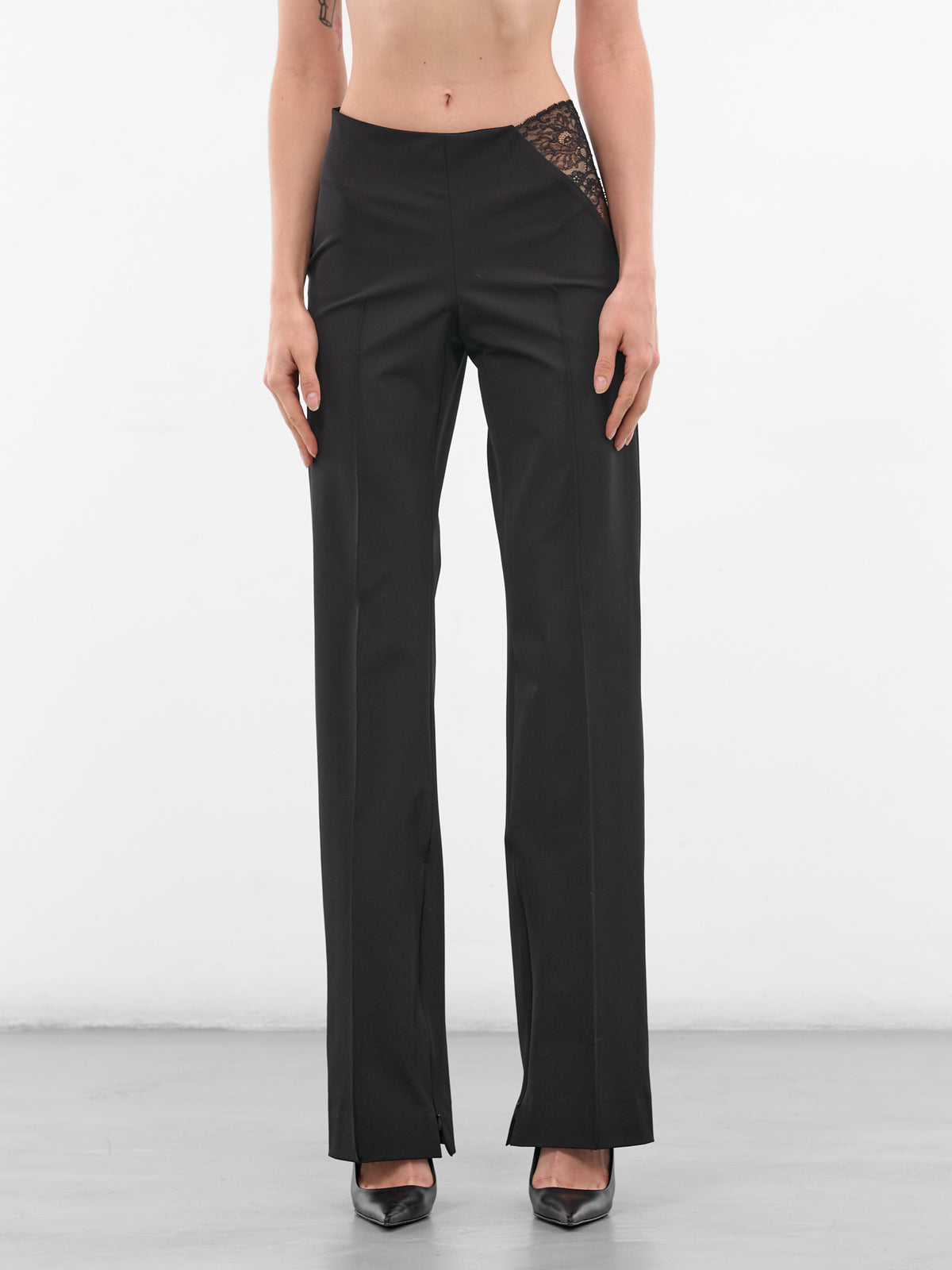 Black Nylon Lace Paneled Trousers (PA045-BLACK)