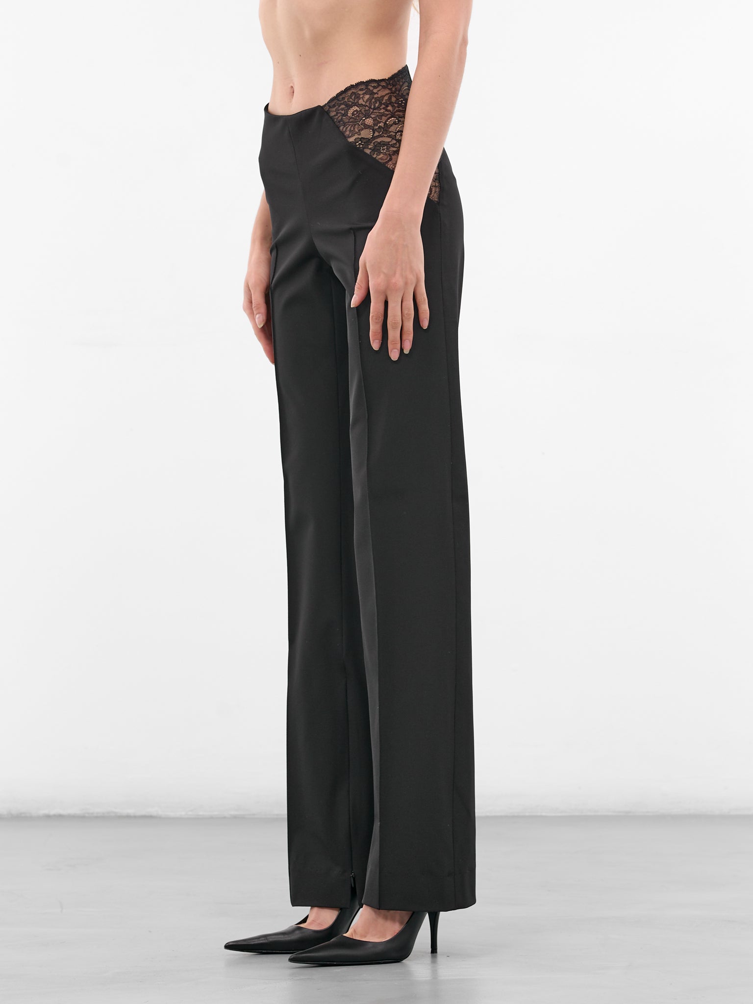 Black Nylon Lace Paneled Trousers (PA045-BLACK)