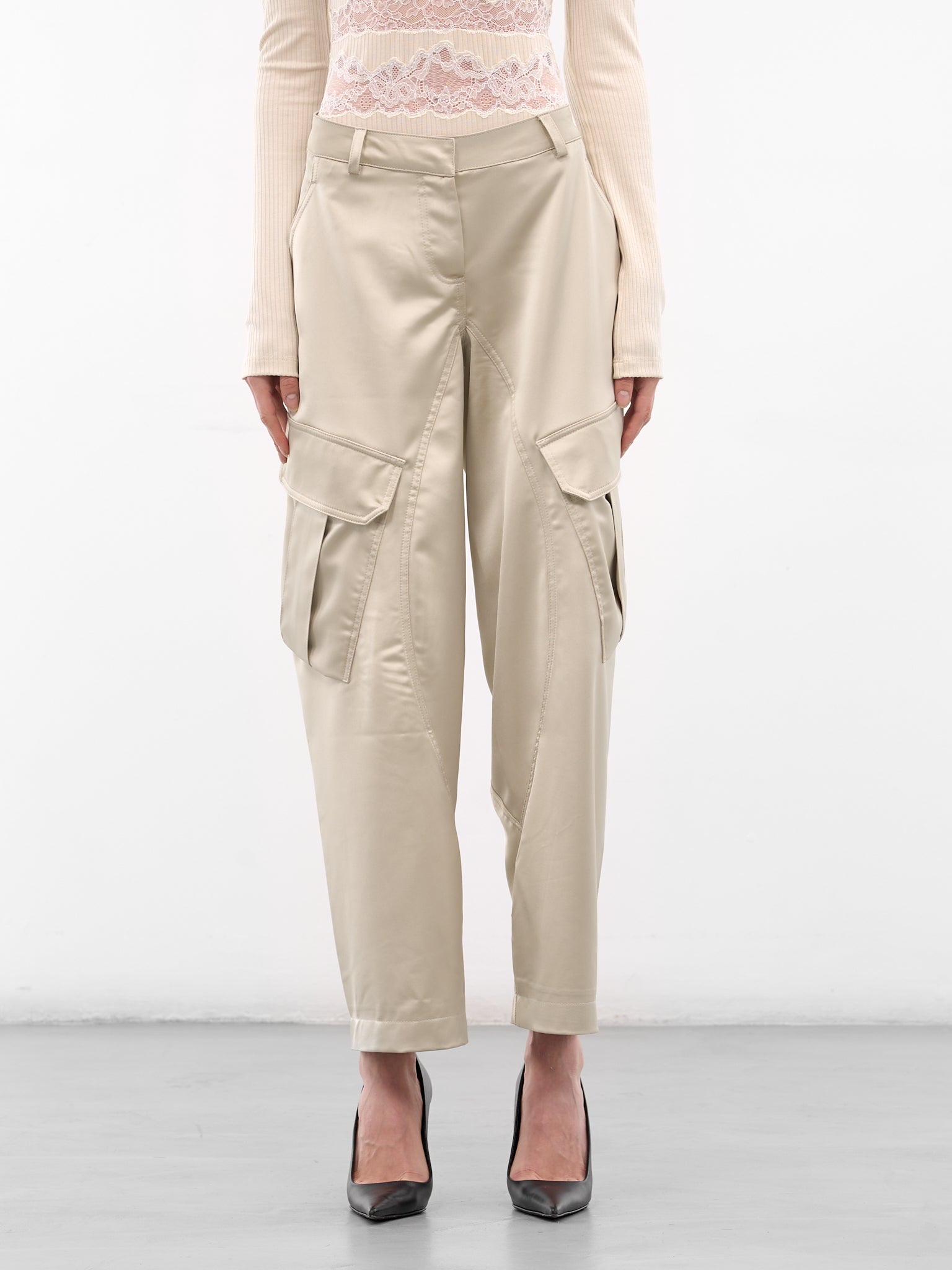 Ecru Satin Balloon Cargo Pants (PA050-ECRU)