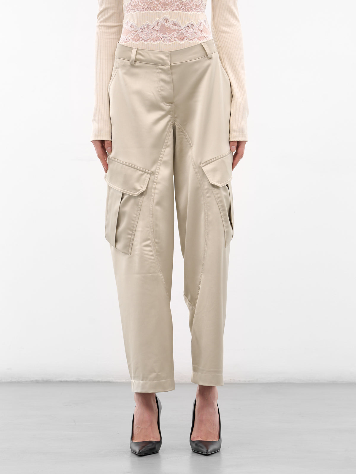 Ecru Satin Balloon Cargo Pants (PA050-ECRU)