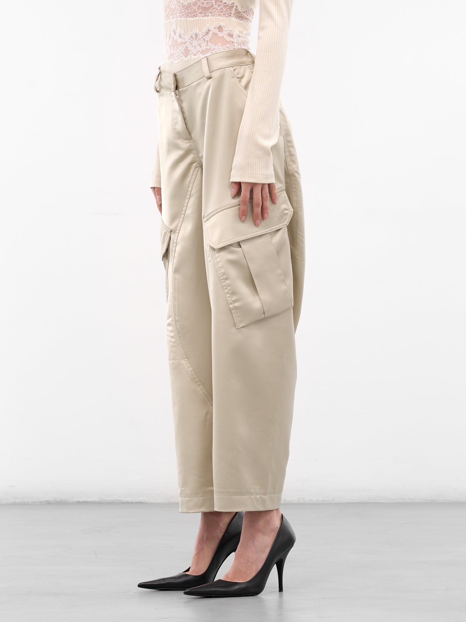 Ecru Satin Balloon Cargo Pants (PA050-ECRU)