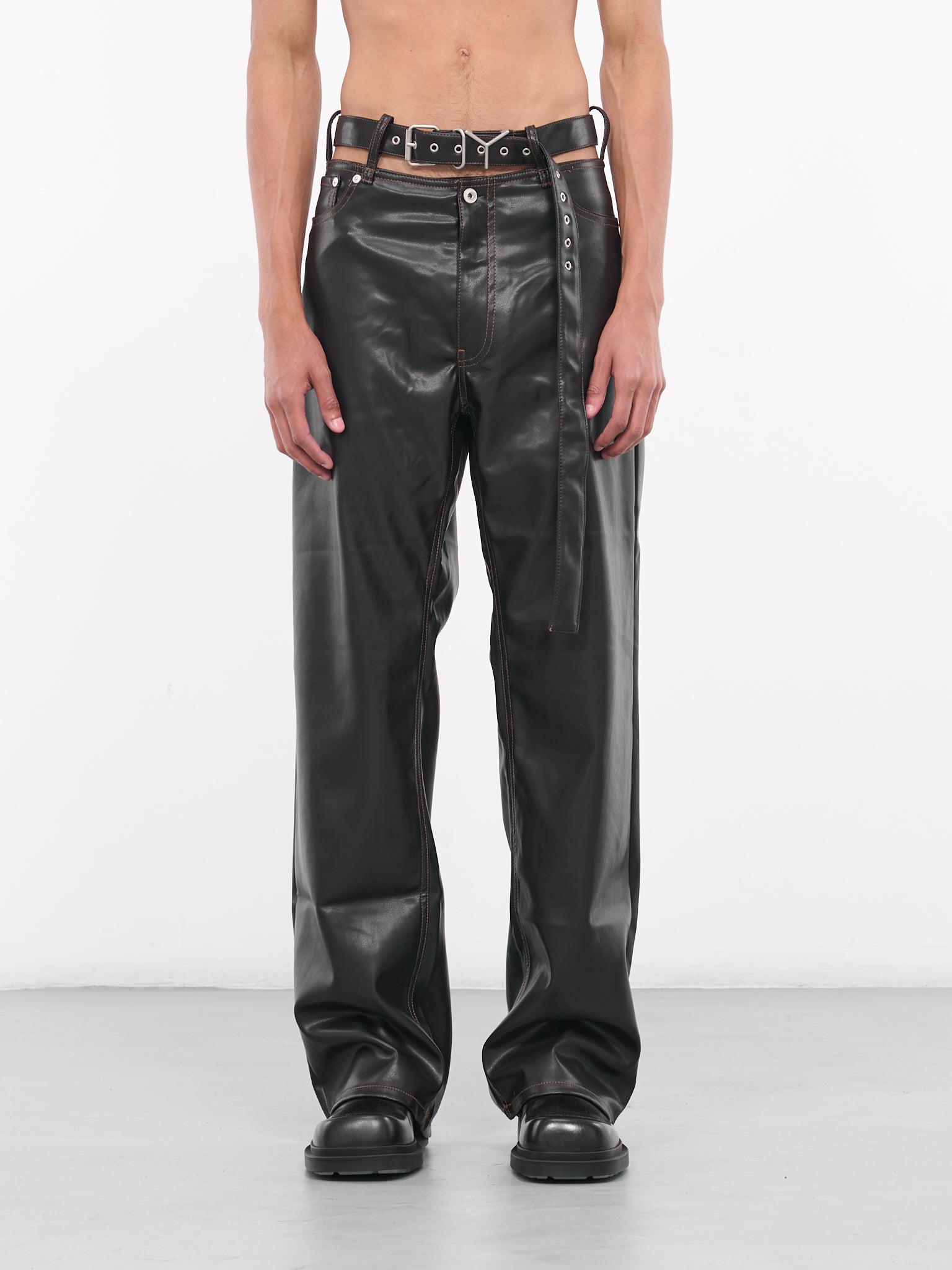 Y Belt Leather Pants (PANT101-S25-F444-BLACK)
