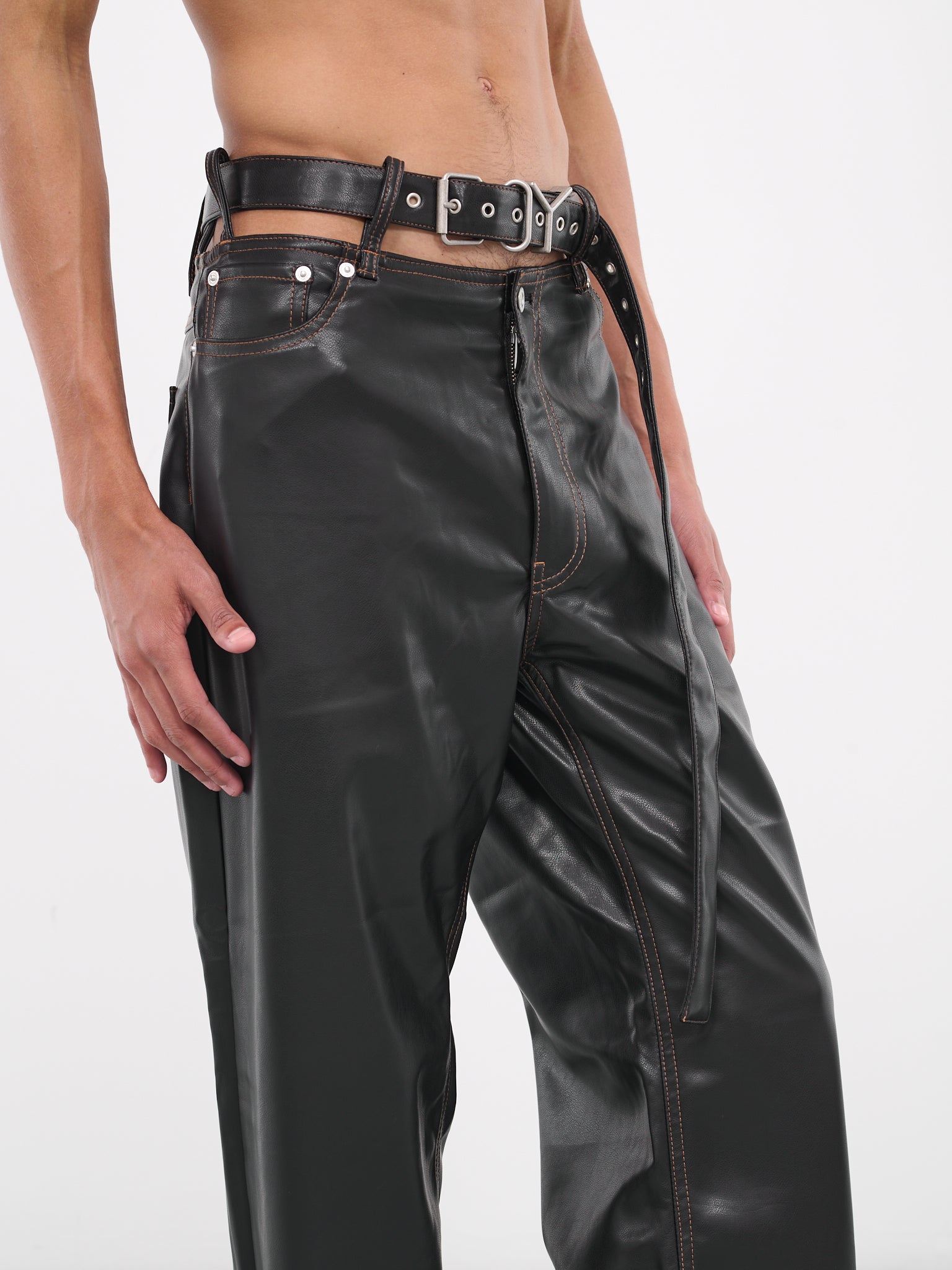 Y Belt Leather Pants (PANT101-S25-F444-BLACK)