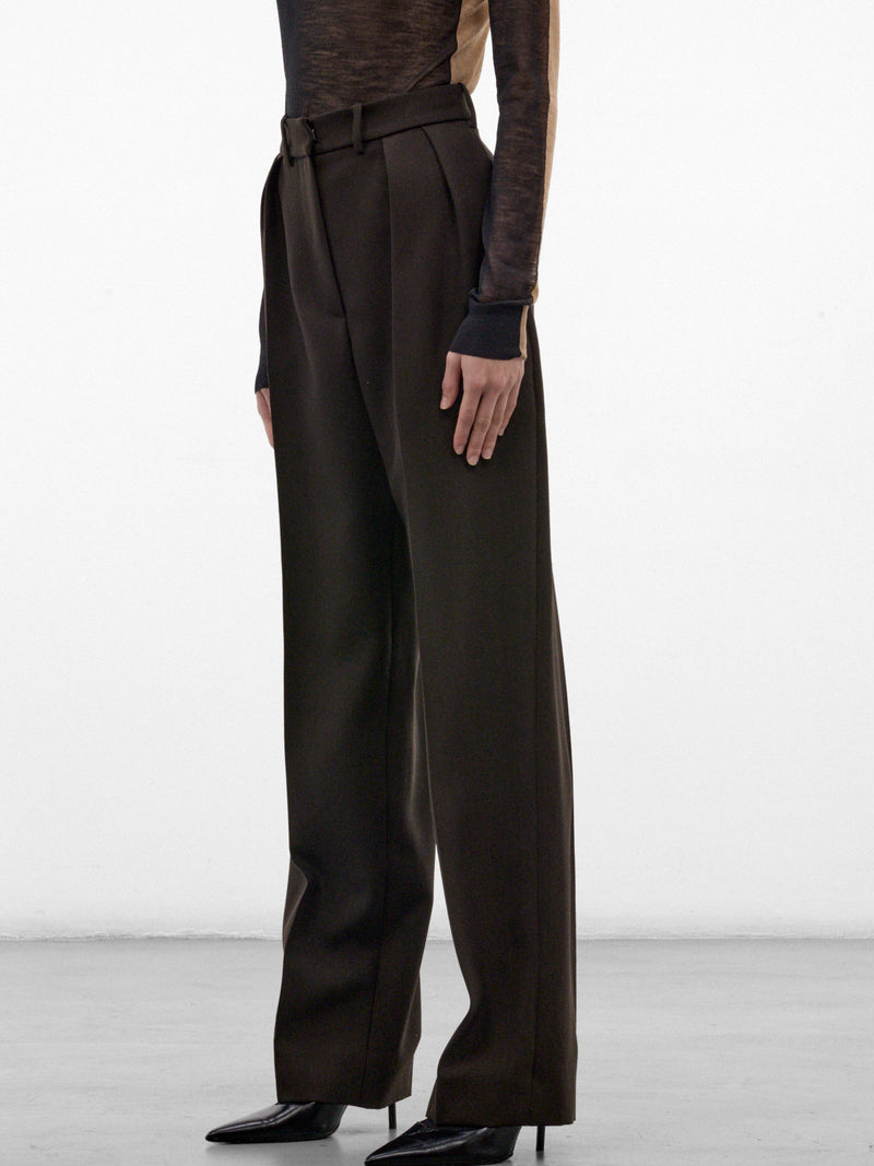 Brown Wool Straight Pleated Trousers (PANTS-02-DARK-BROWN)