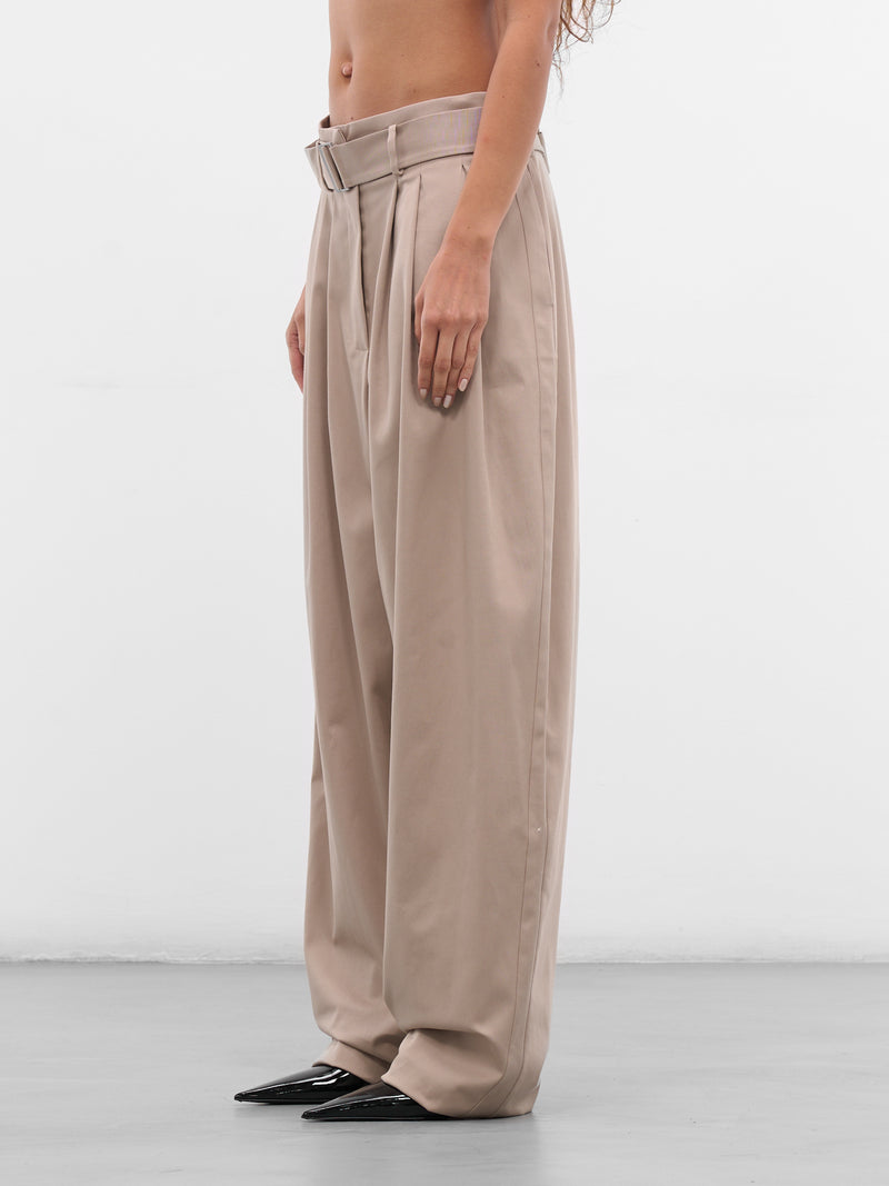 Beige Cotton Pleated Baggy Trousers (PANTS-07-BEIGE)