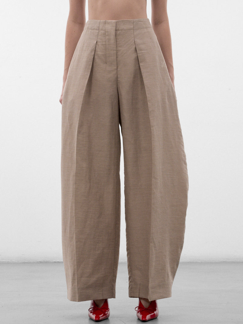 Beige Linen Pleated Curve Trousers (PAW00663AW00853-BEIGE)