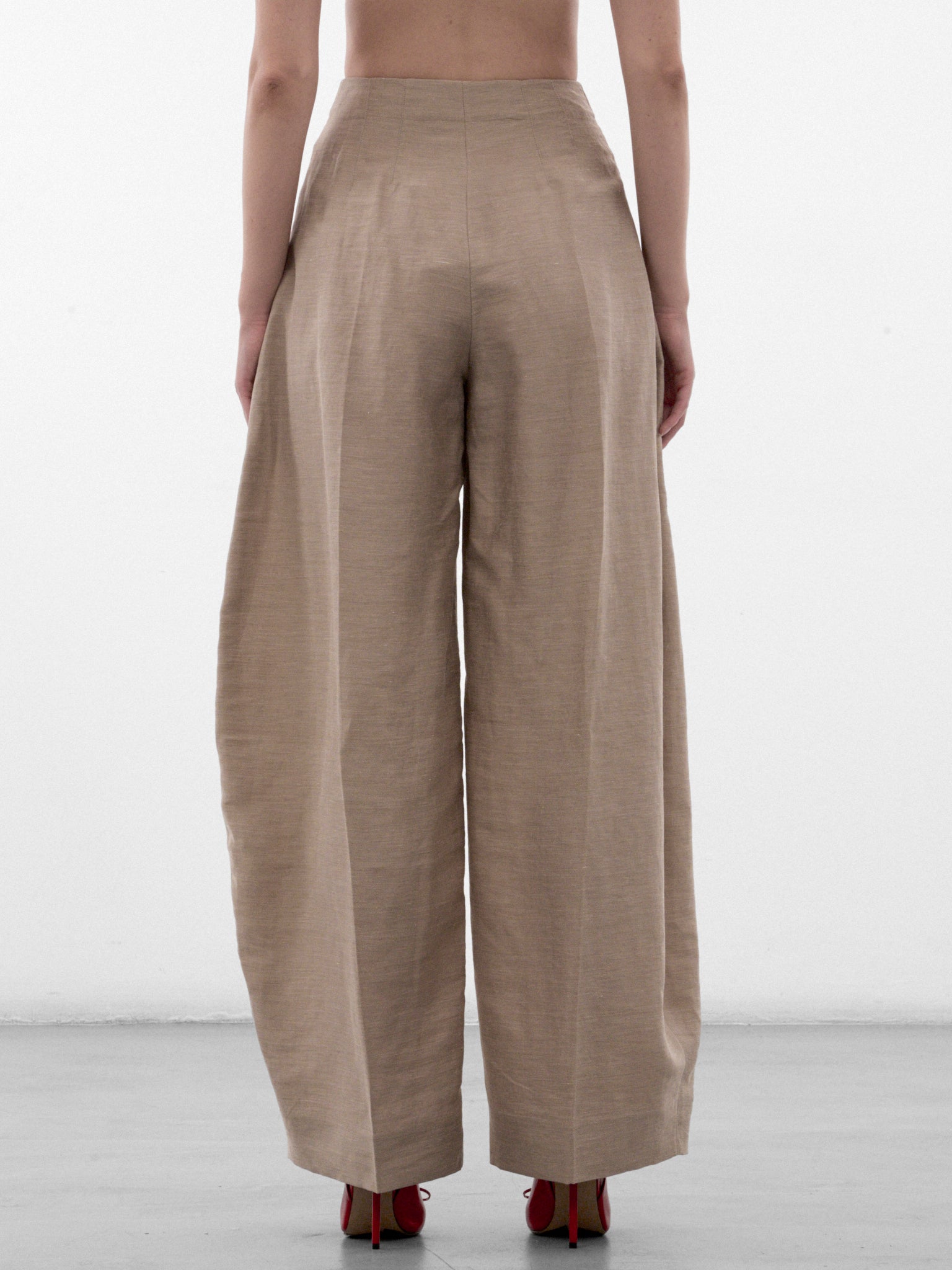 Beige Linen Pleated Curve Trousers (PAW00663AW00853-BEIGE)