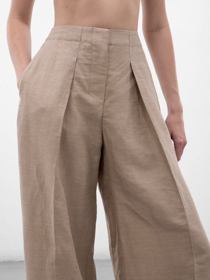 Beige Linen Pleated Curve Trousers (PAW00663AW00853-BEIGE)