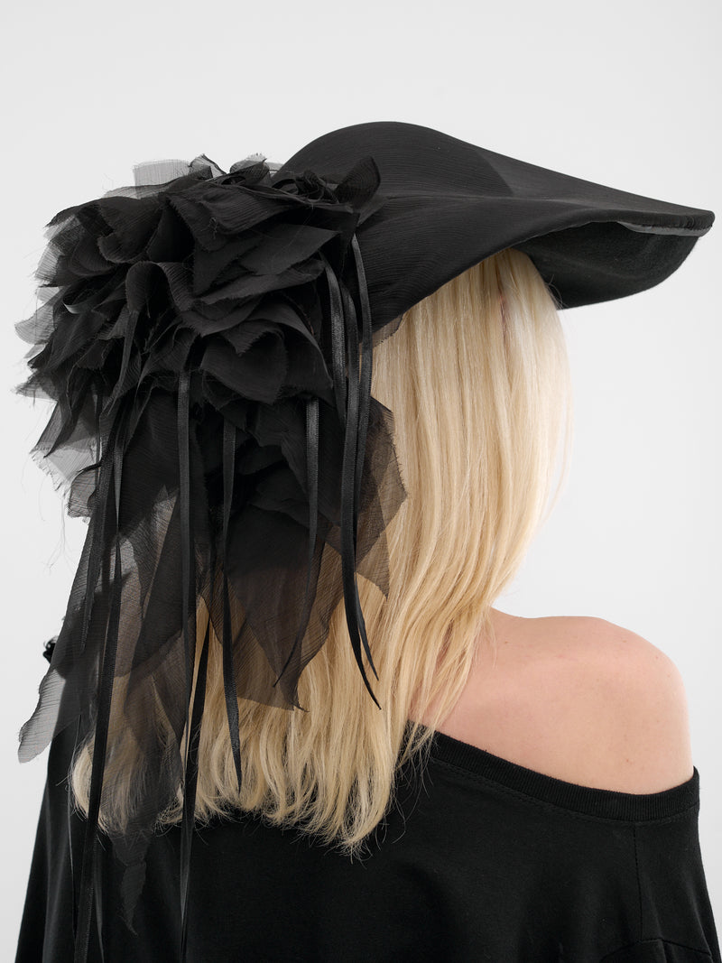 Black Wool Chiffon Flower Hat (PFFW25HA02-BLACK)