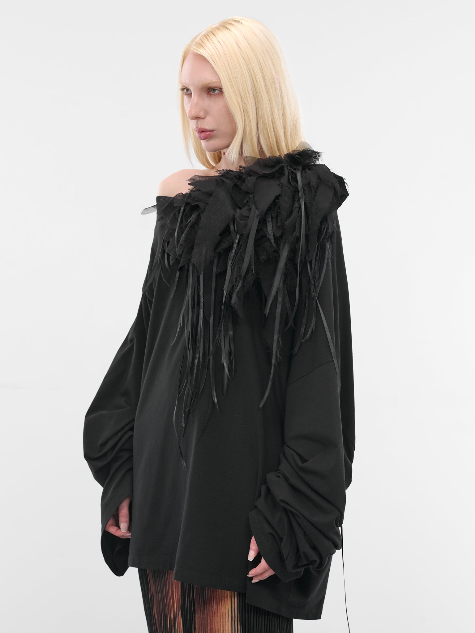 Black Off-Shoulder Silk Chiffon Top (PFFW25TO03-BLACK)