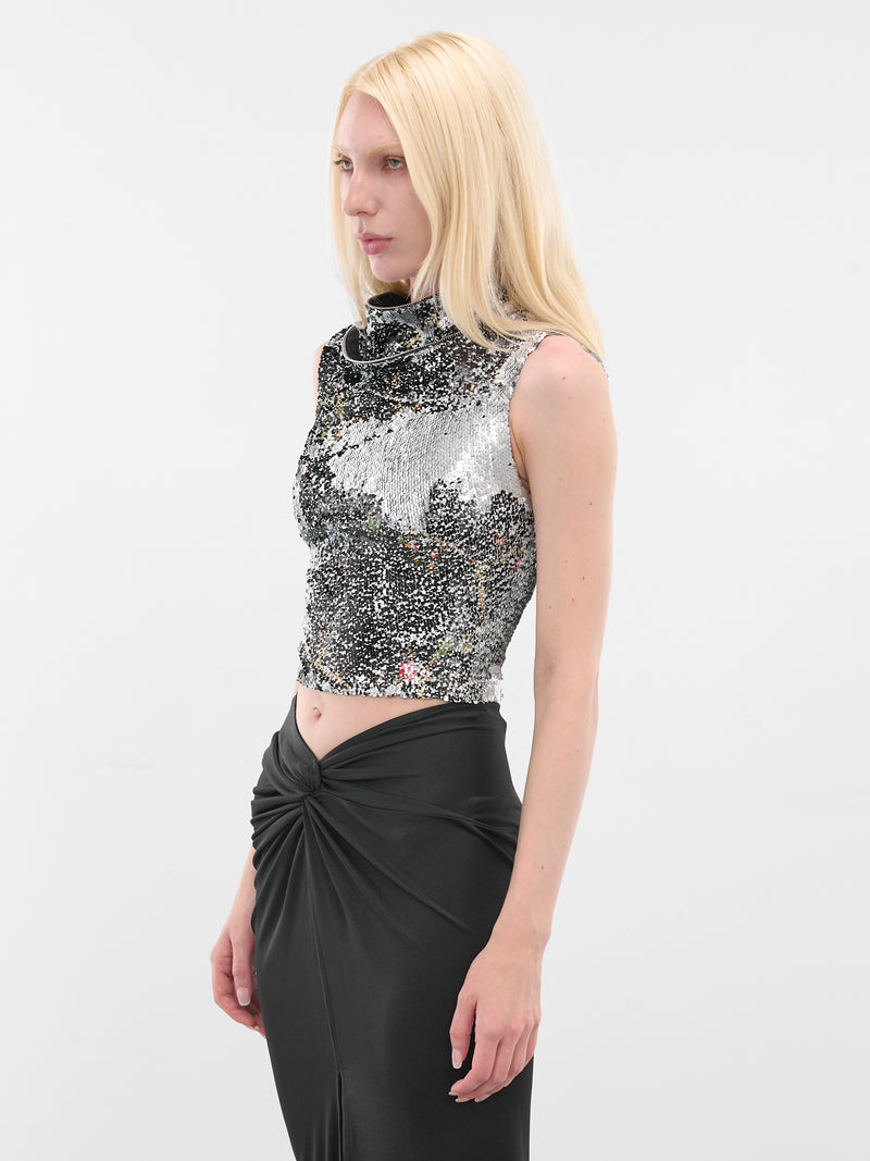 Two-Tone Zip Collar Sequin Top (PFFW25TO04-BLACK-FLORAL-SILVER)