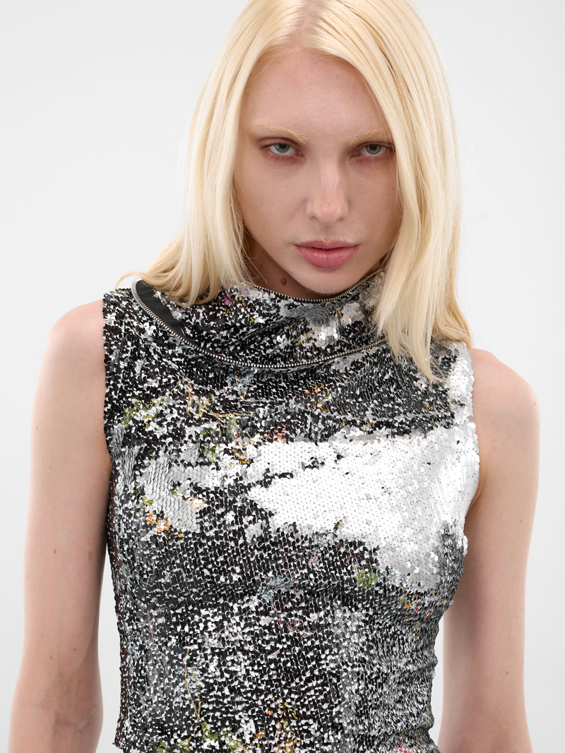 Two-Tone Zip Collar Sequin Top (PFFW25TO04-BLACK-FLORAL-SILVER)