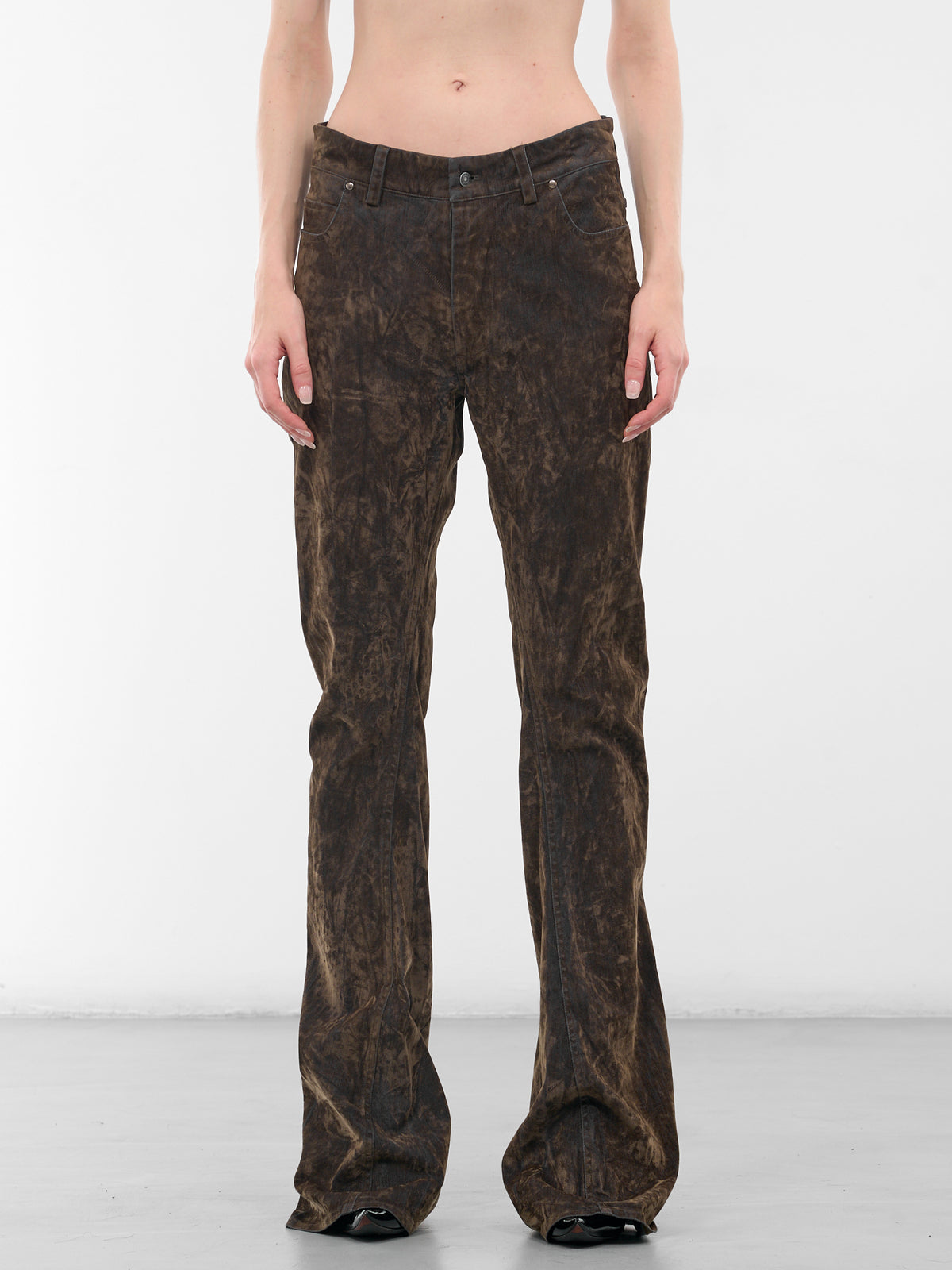 Brown Flocked Flare Zip Trousers (PFFW25TR03-FOREST)