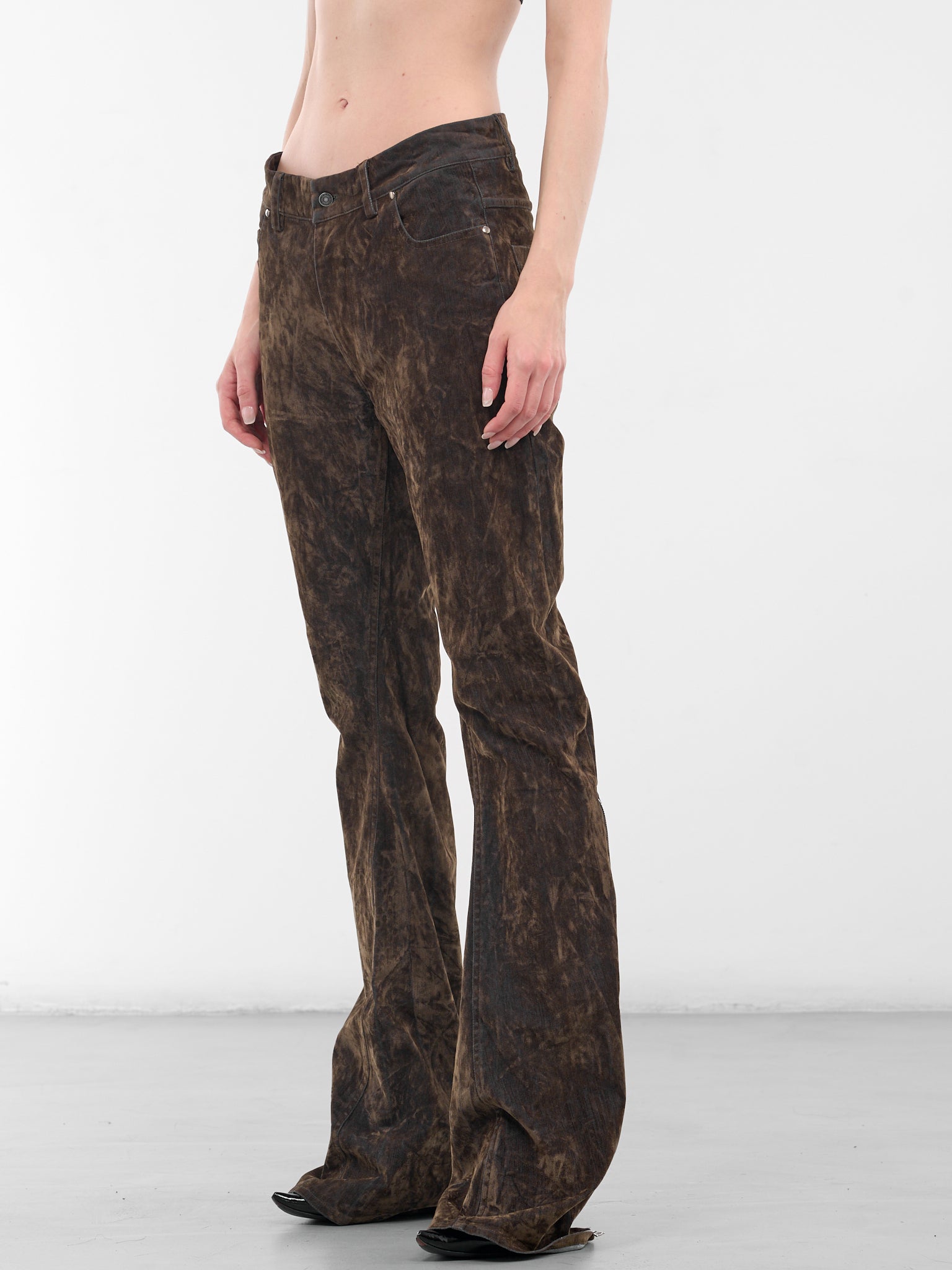 Brown Flocked Flare Zip Trousers (PFFW25TR03-FOREST)