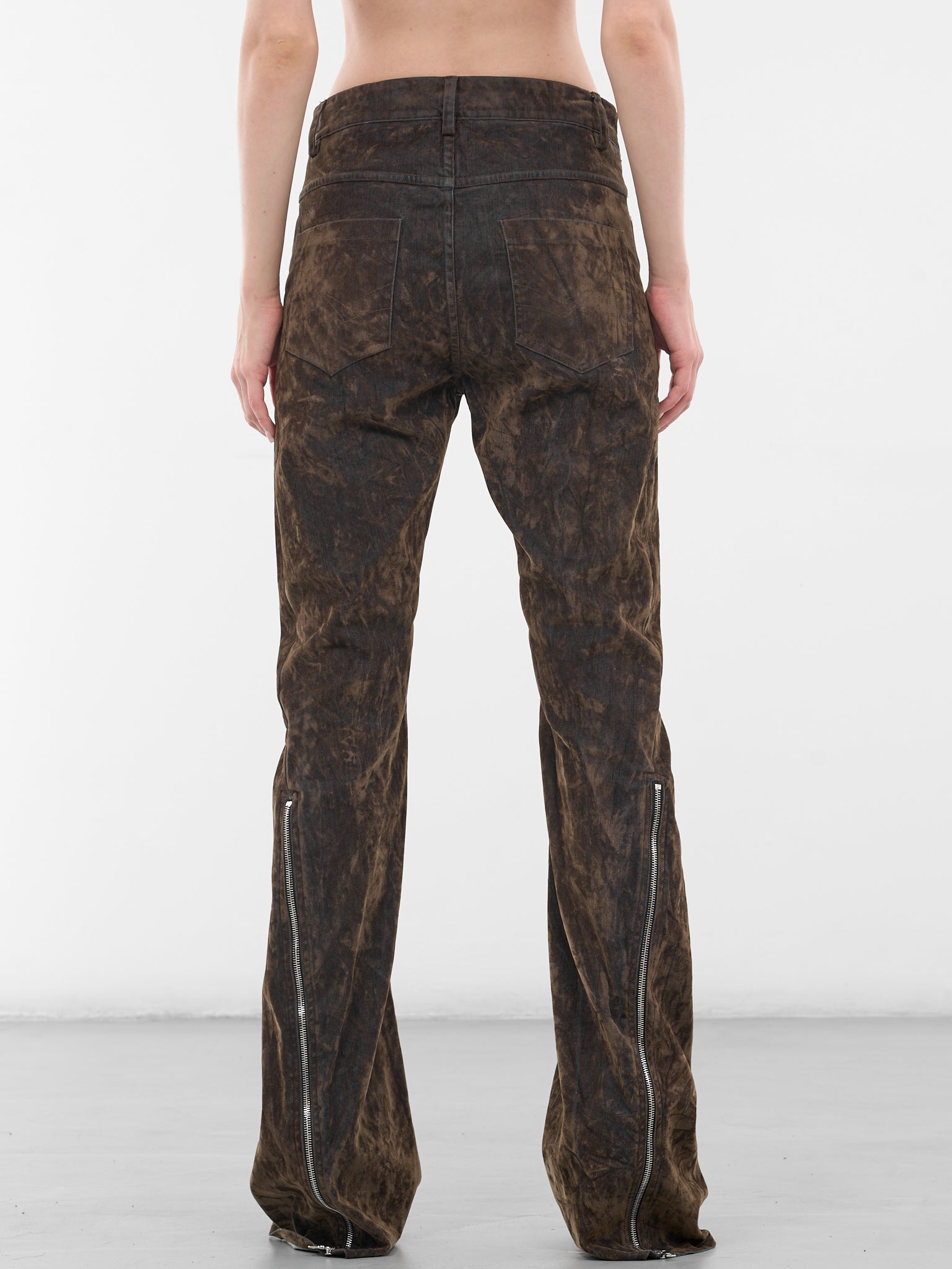Brown Flocked Flare Zip Trousers (PFFW25TR03-FOREST)