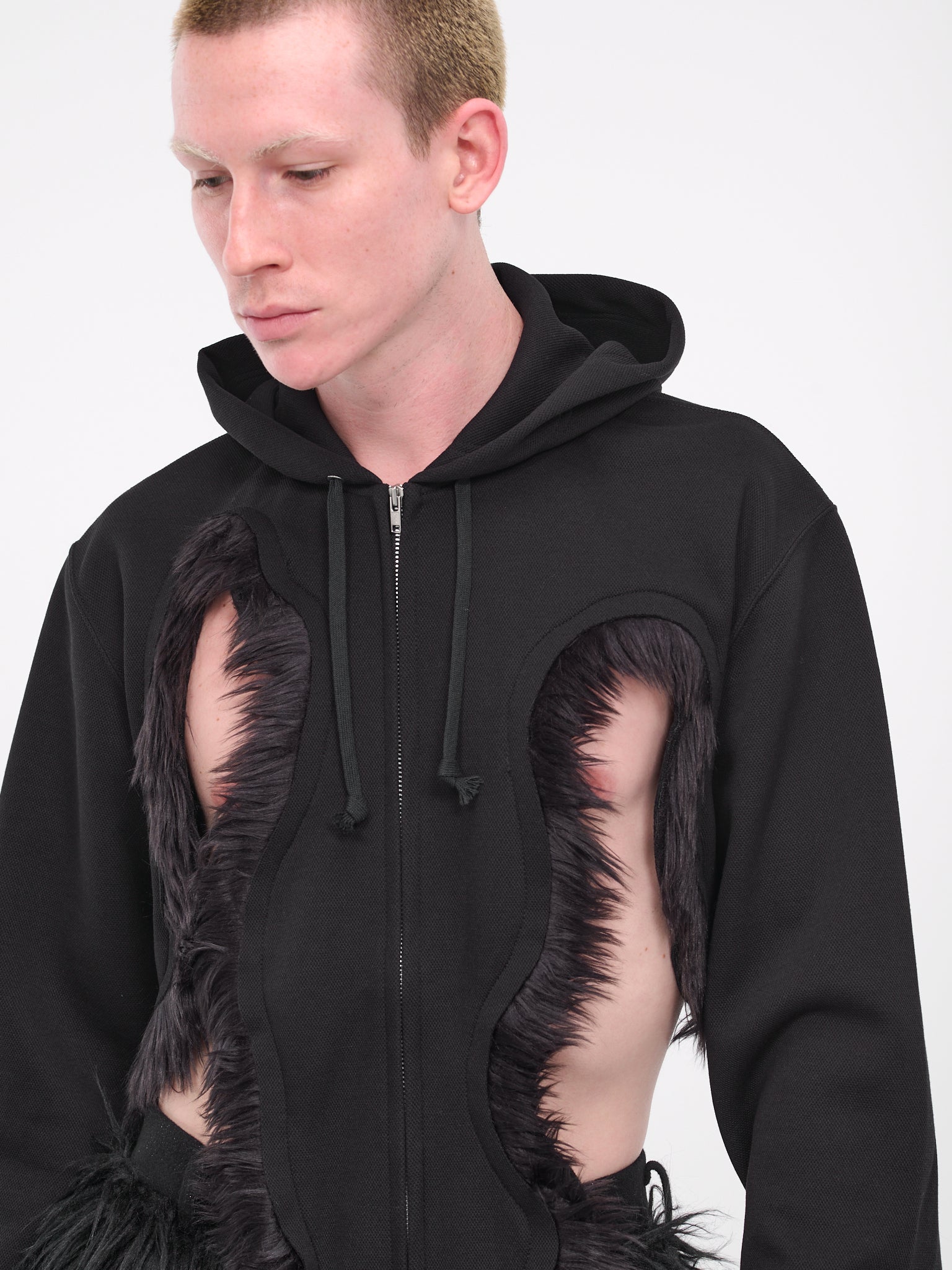 Longline Fur Cut-out Hoodie (PL-T018-051-BLACK)