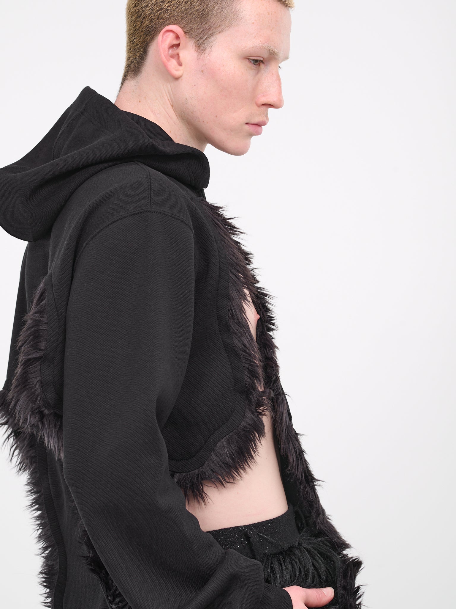 Longline Fur Cut-out Hoodie (PL-T018-051-BLACK)