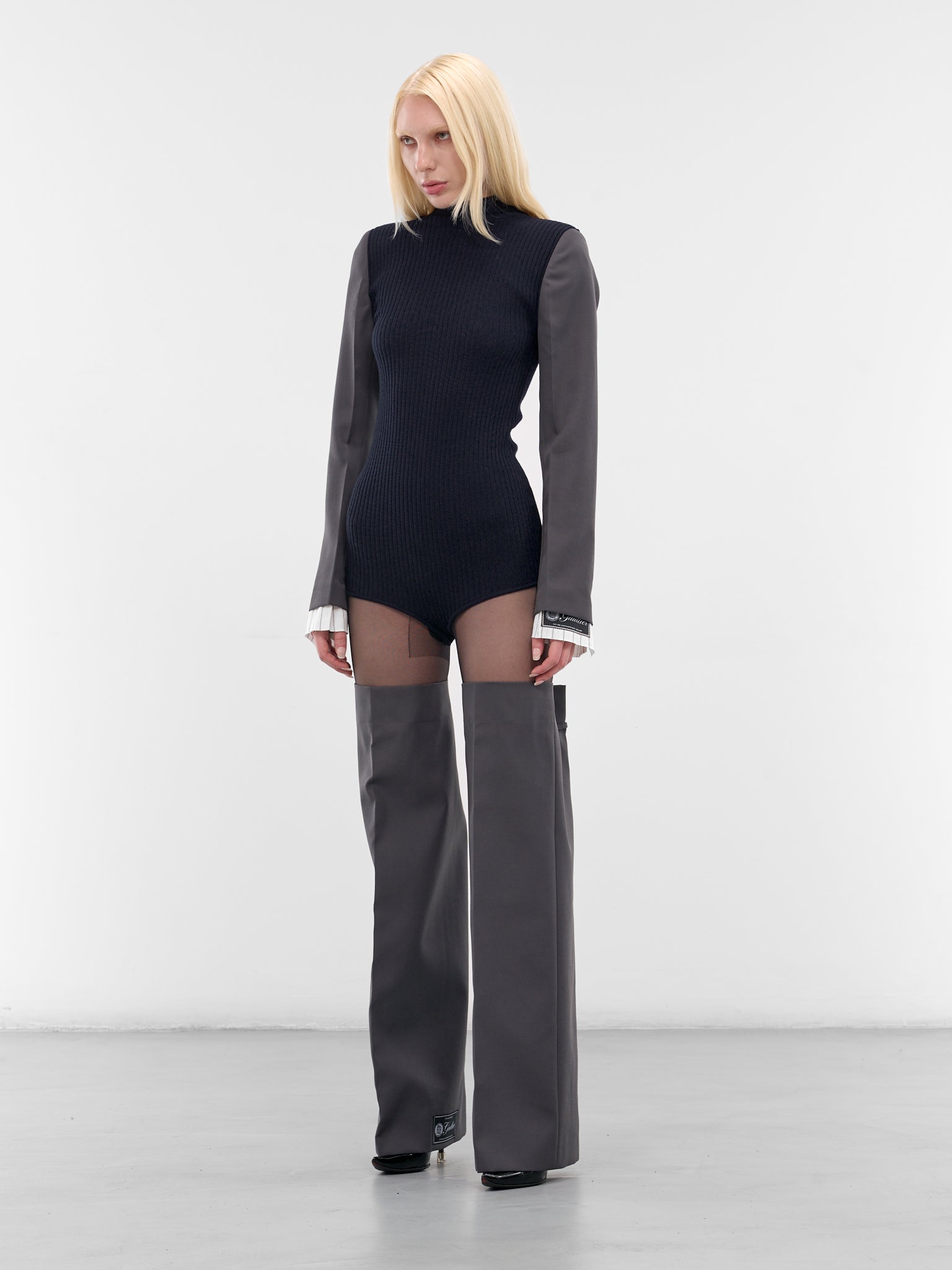 Gray Bi-Material Suit Bodysuit (PO037-K017-5904-NAVY-DARK-GREY)
