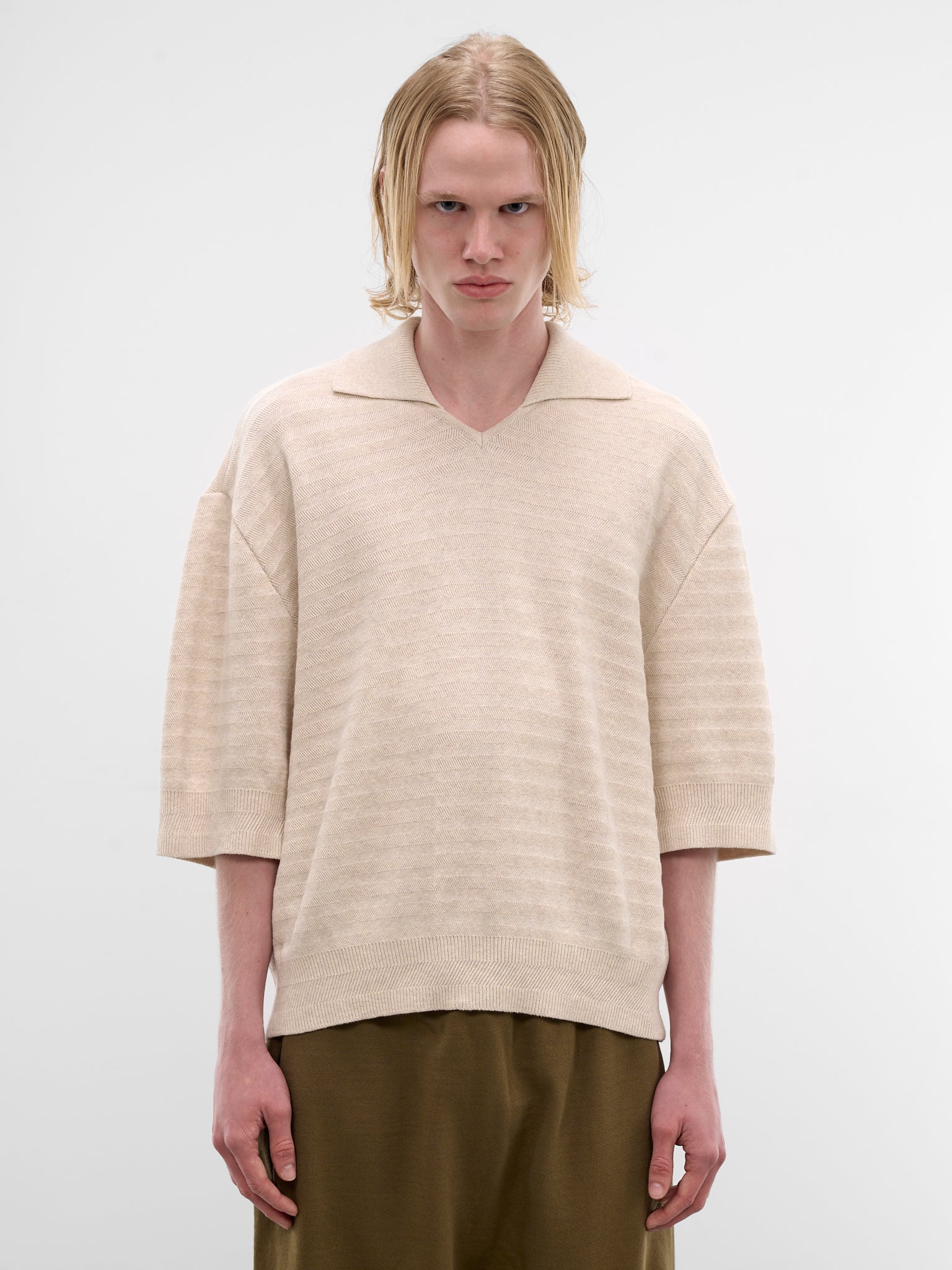 Beige Striped Knit Polo Sweater (POM00613AK00302-LIGHT-BEIGE)