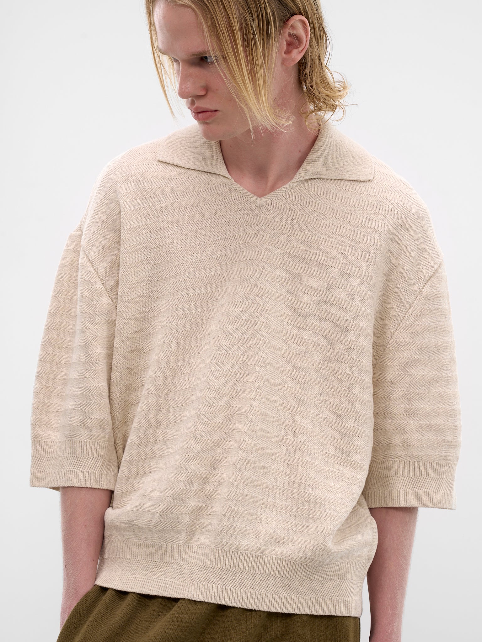 Beige Striped Knit Polo Sweater (POM00613AK00302-LIGHT-BEIGE)