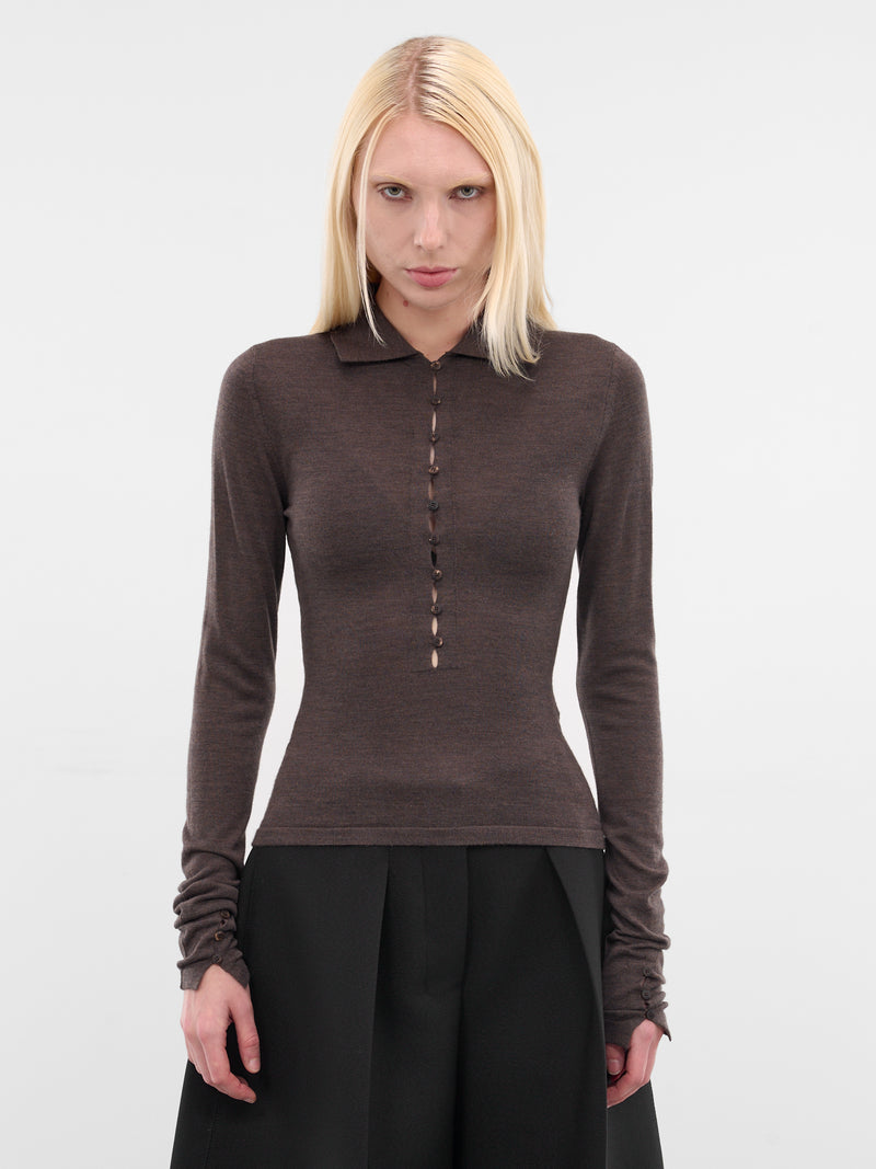 Brown Merino Long Sleeve Polo (POW00806AK00145-DARK-BROWN)