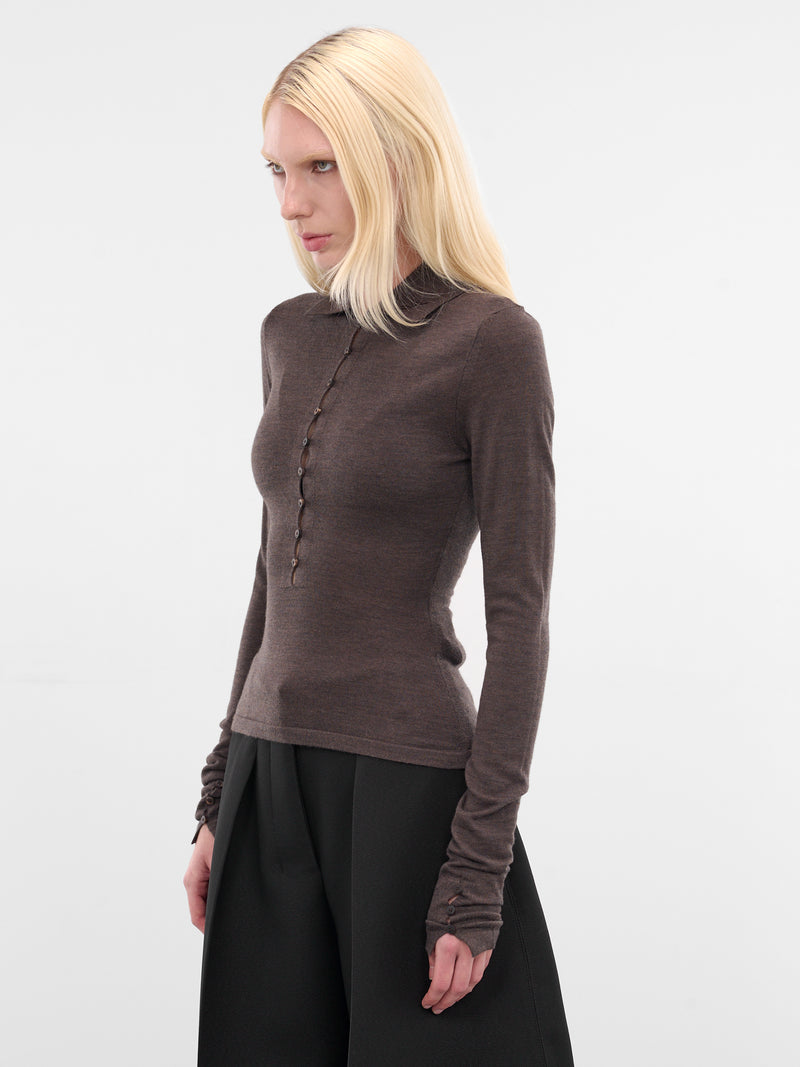 Brown Merino Long Sleeve Polo (POW00806AK00145-DARK-BROWN)