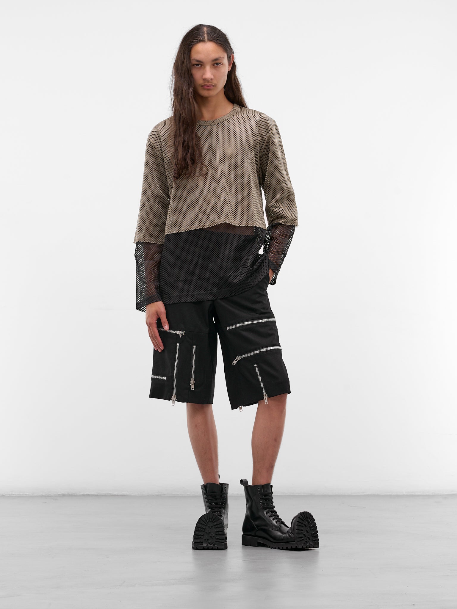 Khaki Layered Mesh Long Sleeve (PP-T019-W25-BLACK-KHAKI)