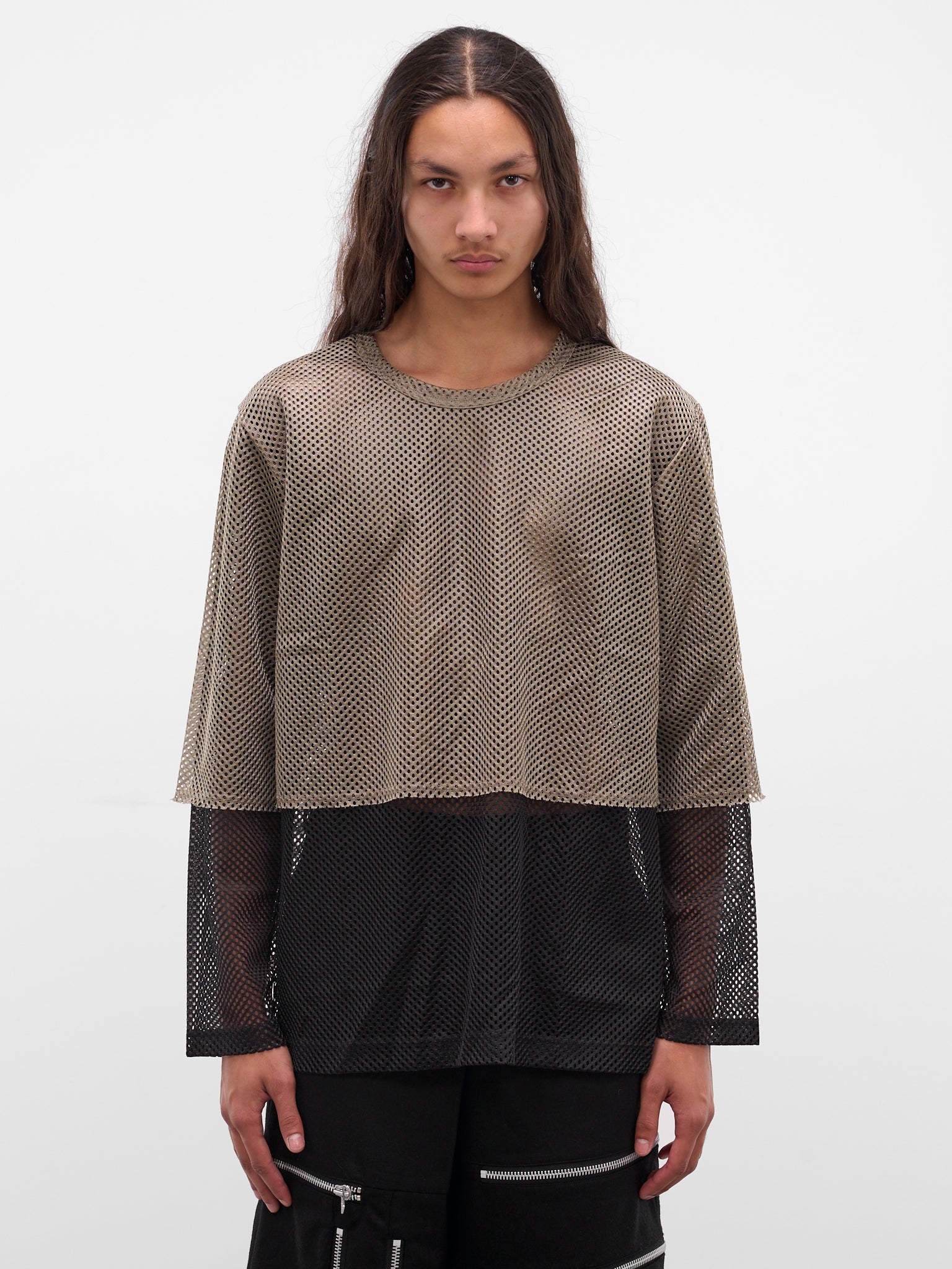 Khaki Layered Mesh Long Sleeve (PP-T019-W25-BLACK-KHAKI)