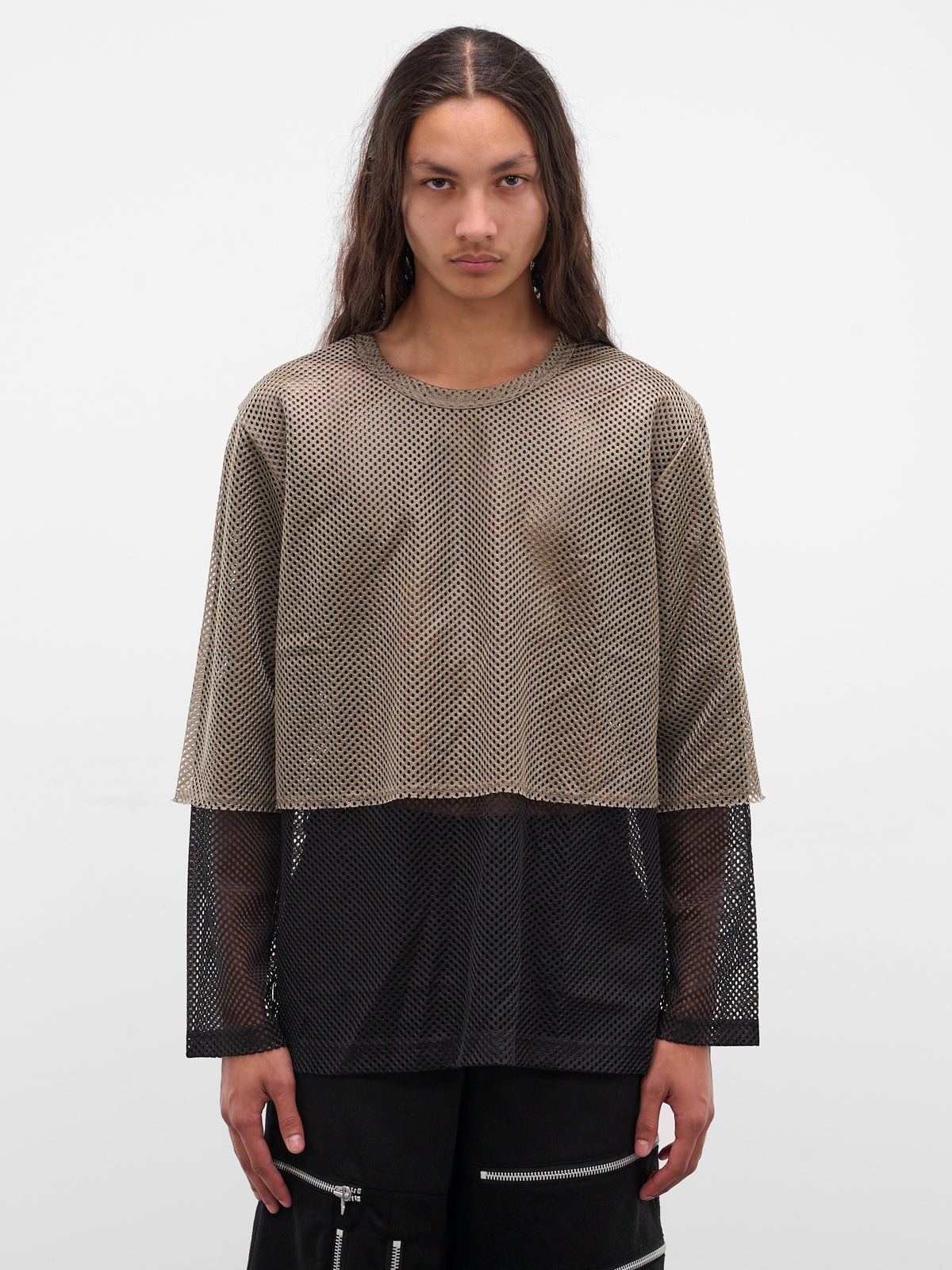 Khaki Layered Mesh Long Sleeve (PP-T019-W25-BLACK-KHAKI)