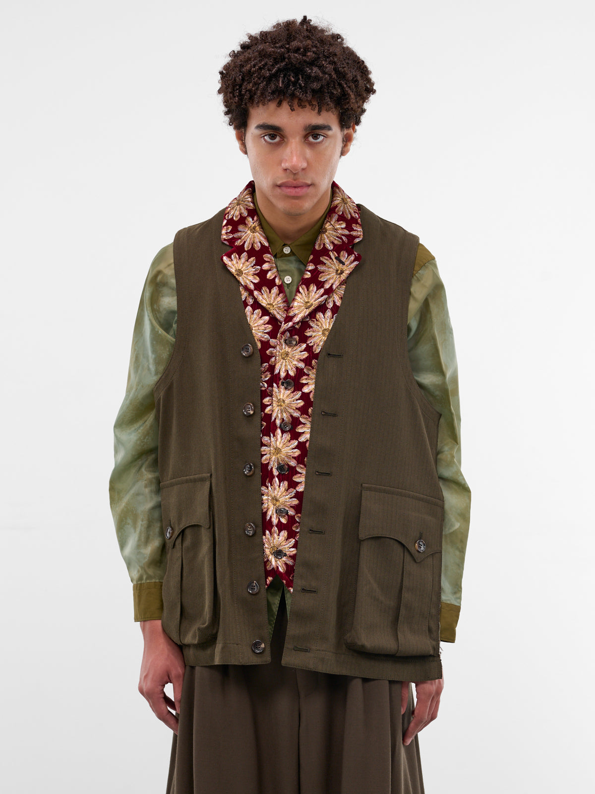 Layered Floral & Pinstripe Cargo Vest (PP-V002-BRGDY-MULTI)