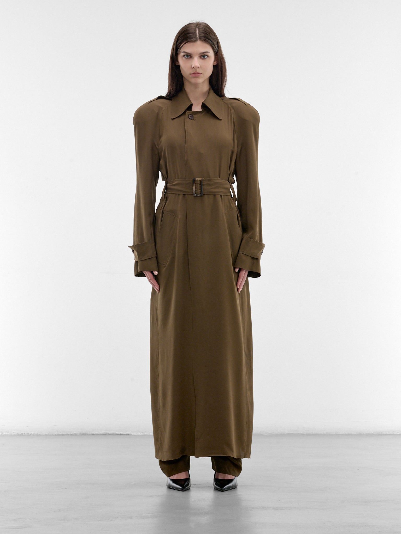 Olive Fluid Silk Trench Coat (PPSS26CO01092-0024-OLIVE)
