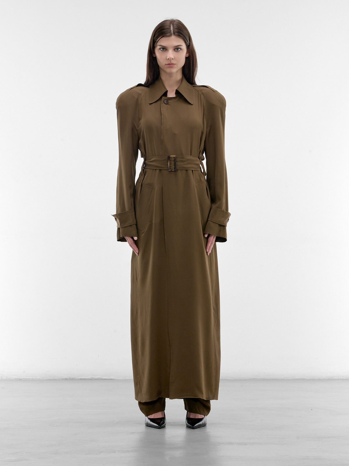 Olive Fluid Silk Trench Coat (PPSS26CO01092-0024-OLIVE)