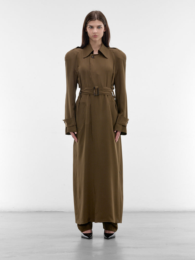 Olive Fluid Silk Trench Coat (PPSS26CO01092-0024-OLIVE)