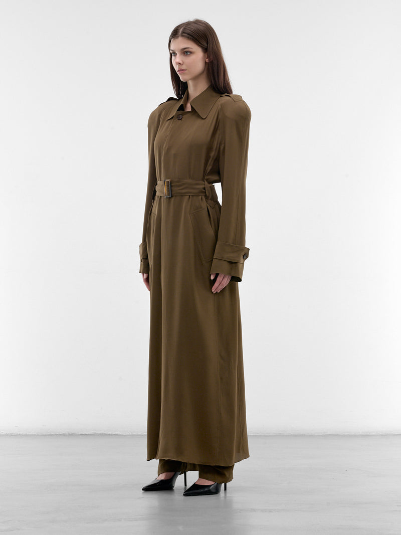 Olive Fluid Silk Trench Coat (PPSS26CO01092-0024-OLIVE)