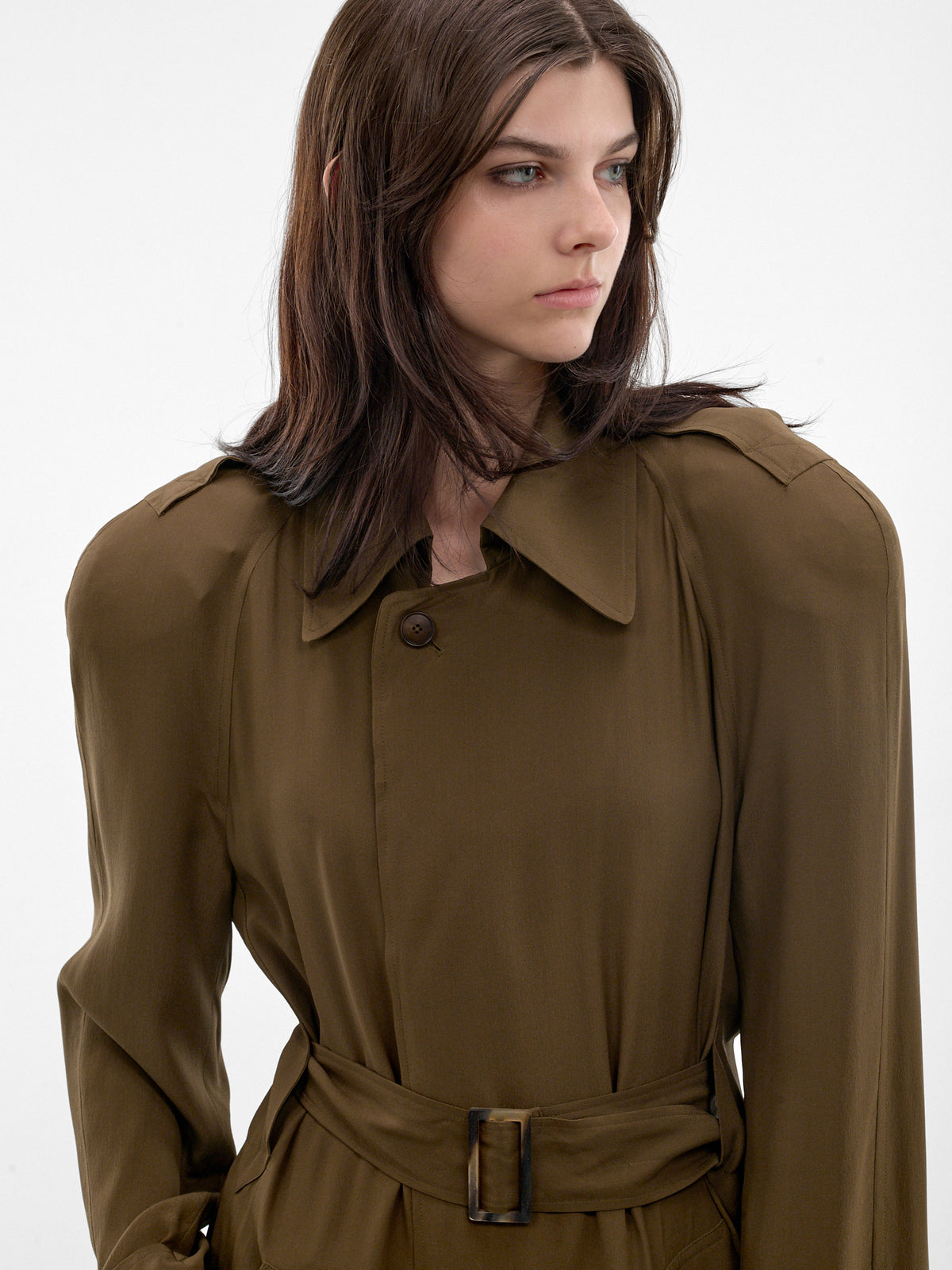 Olive Fluid Silk Trench Coat (PPSS26CO01092-0024-OLIVE)
