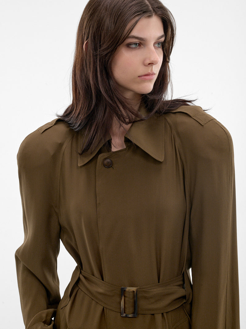 Olive Fluid Silk Trench Coat (PPSS26CO01092-0024-OLIVE)