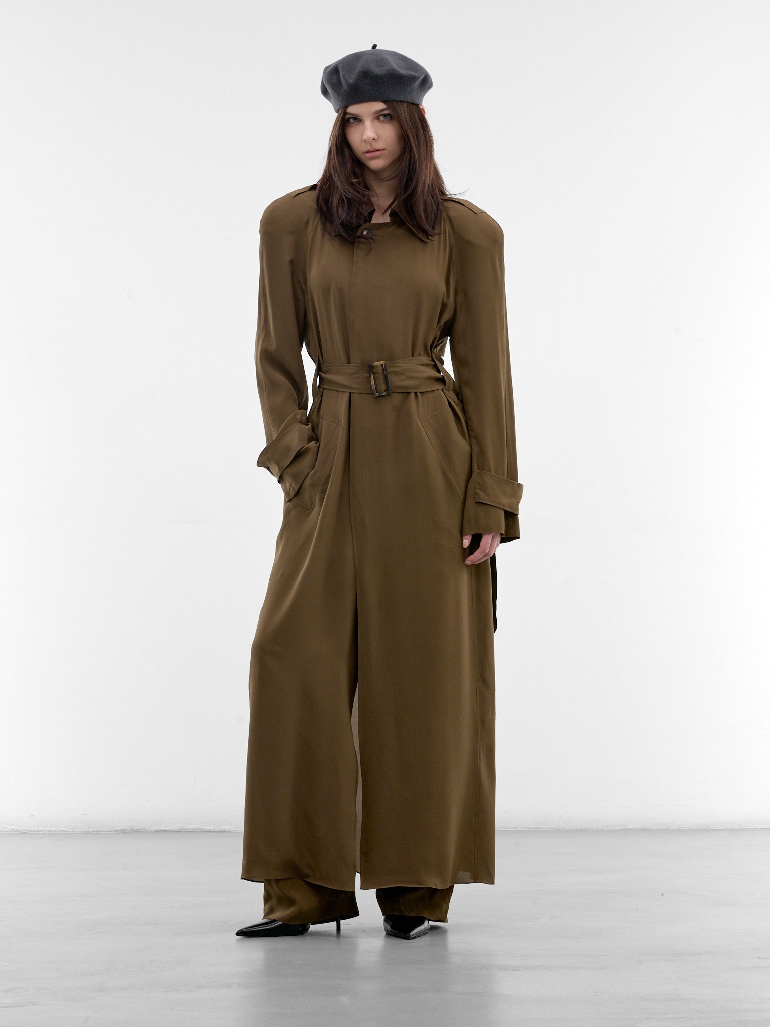 Olive Fluid Silk Trench Coat (PPSS26CO01092-0024-OLIVE)