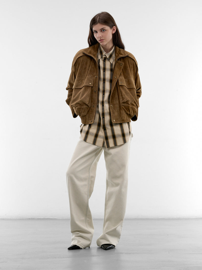 Tobacco Suede Leather Boxy Jacket (PPSS26JA03413-0155-TABACCO)
