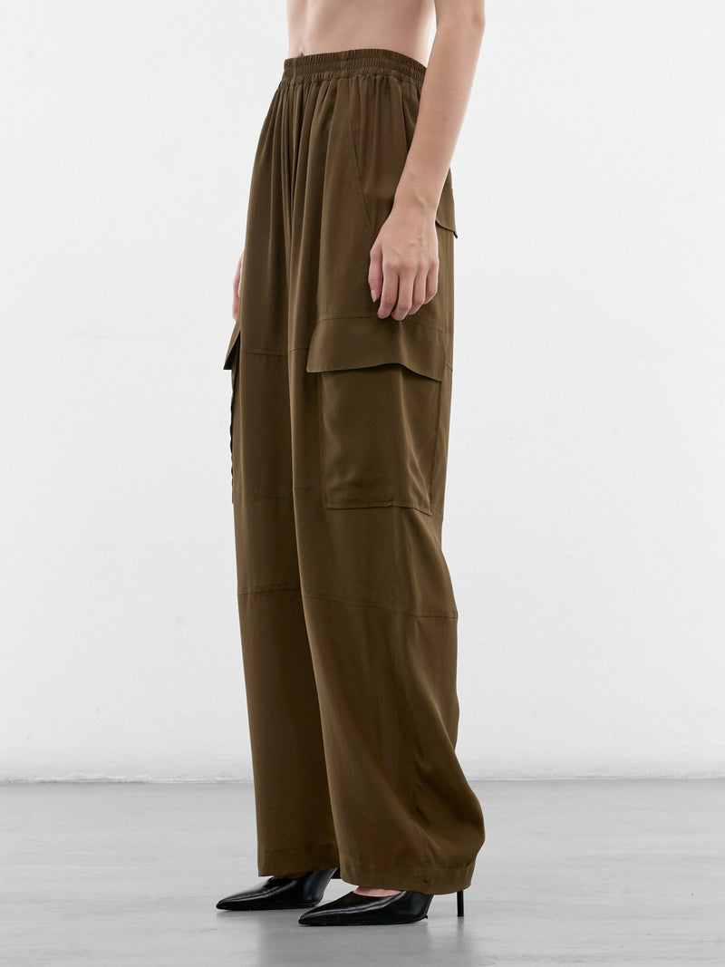 Olive Fluid Silk Cargo Pants (PPSS26PA01092-0024-OLIVE)