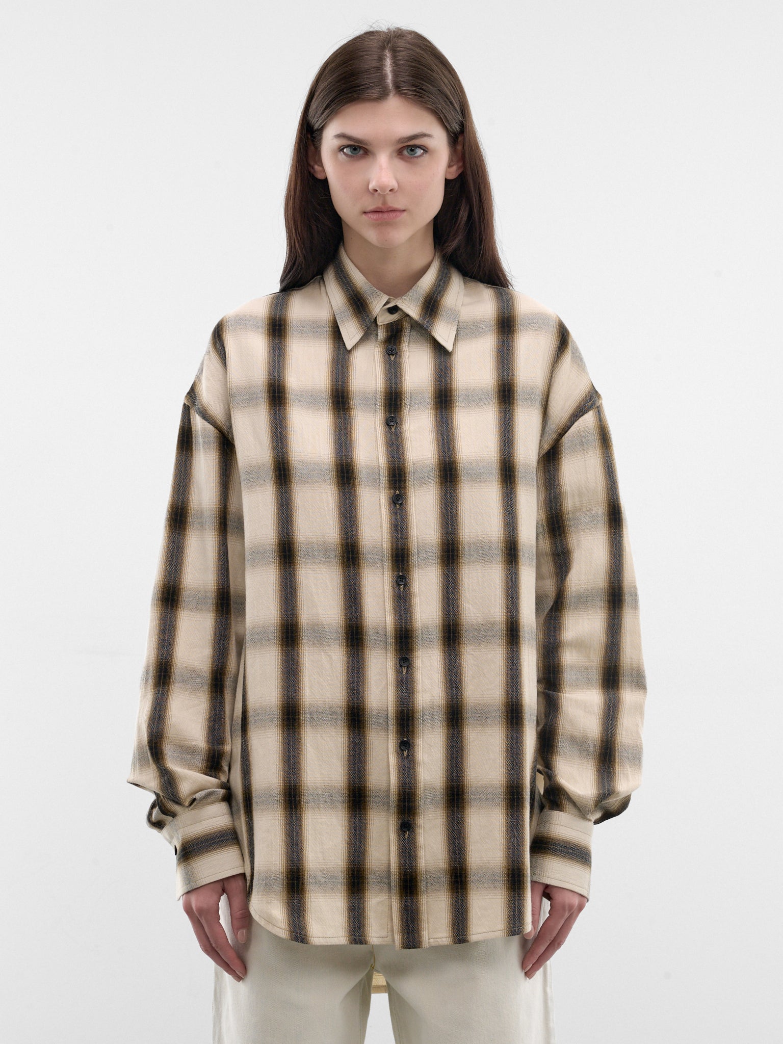Plaid Oversized Cotton Button-Up Shirt (PPSS26SR06012-6490-IVORY-GREEN)