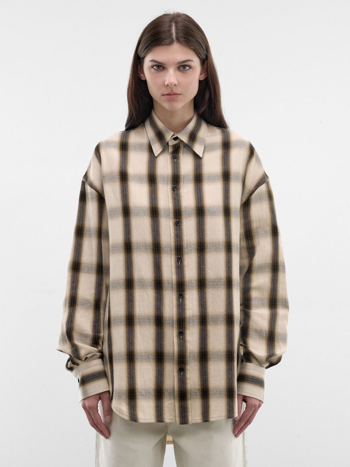 Plaid Oversized Cotton Button-Up Shirt (PPSS26SR06012-6490-IVORY-GREEN)