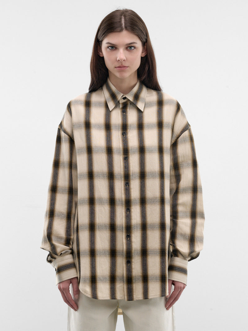 Plaid Oversized Cotton Button-Up Shirt (PPSS26SR06012-6490-IVORY-GREEN)