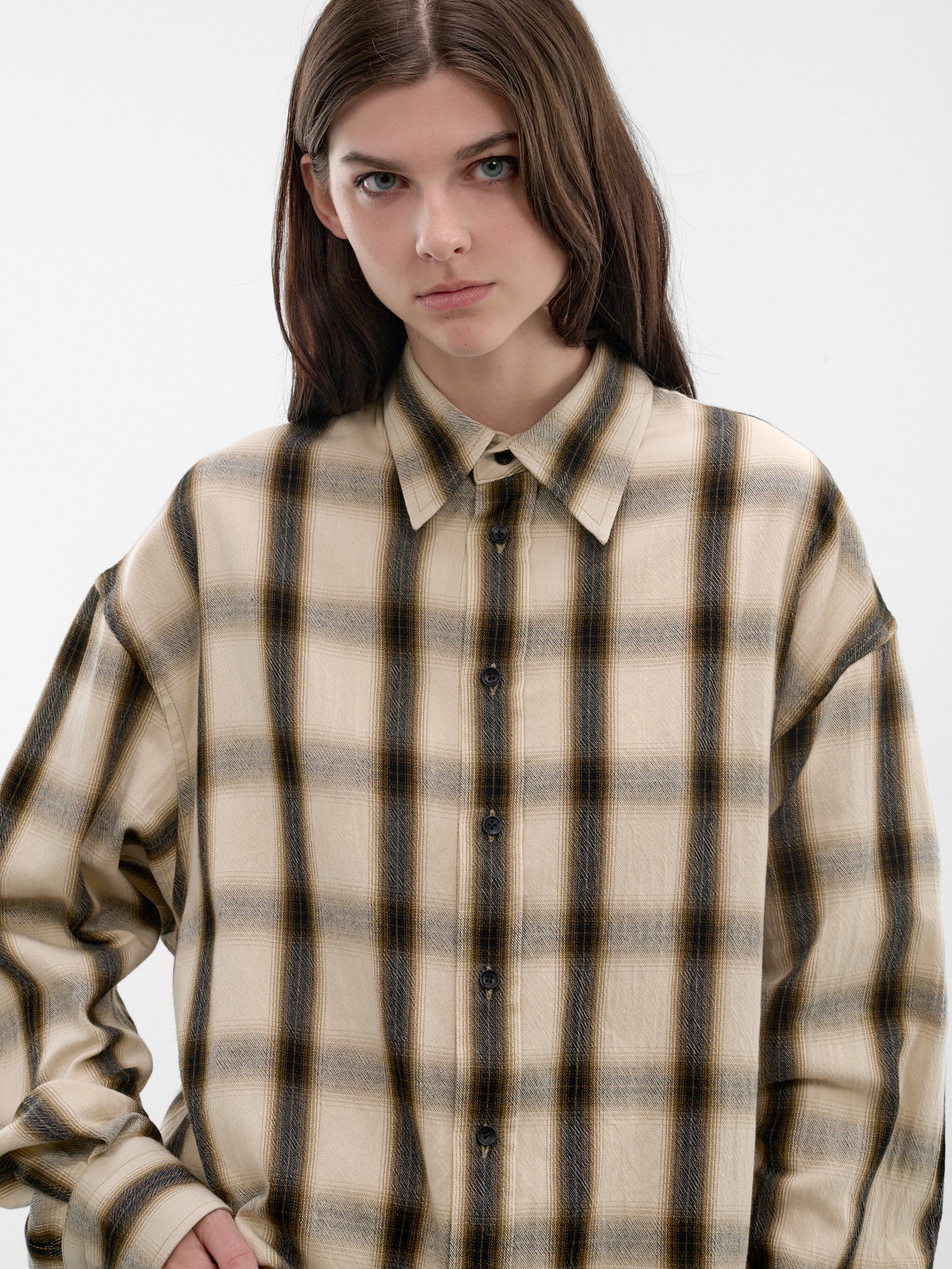 Plaid Oversized Cotton Button-Up Shirt (PPSS26SR06012-6490-IVORY-GREEN)
