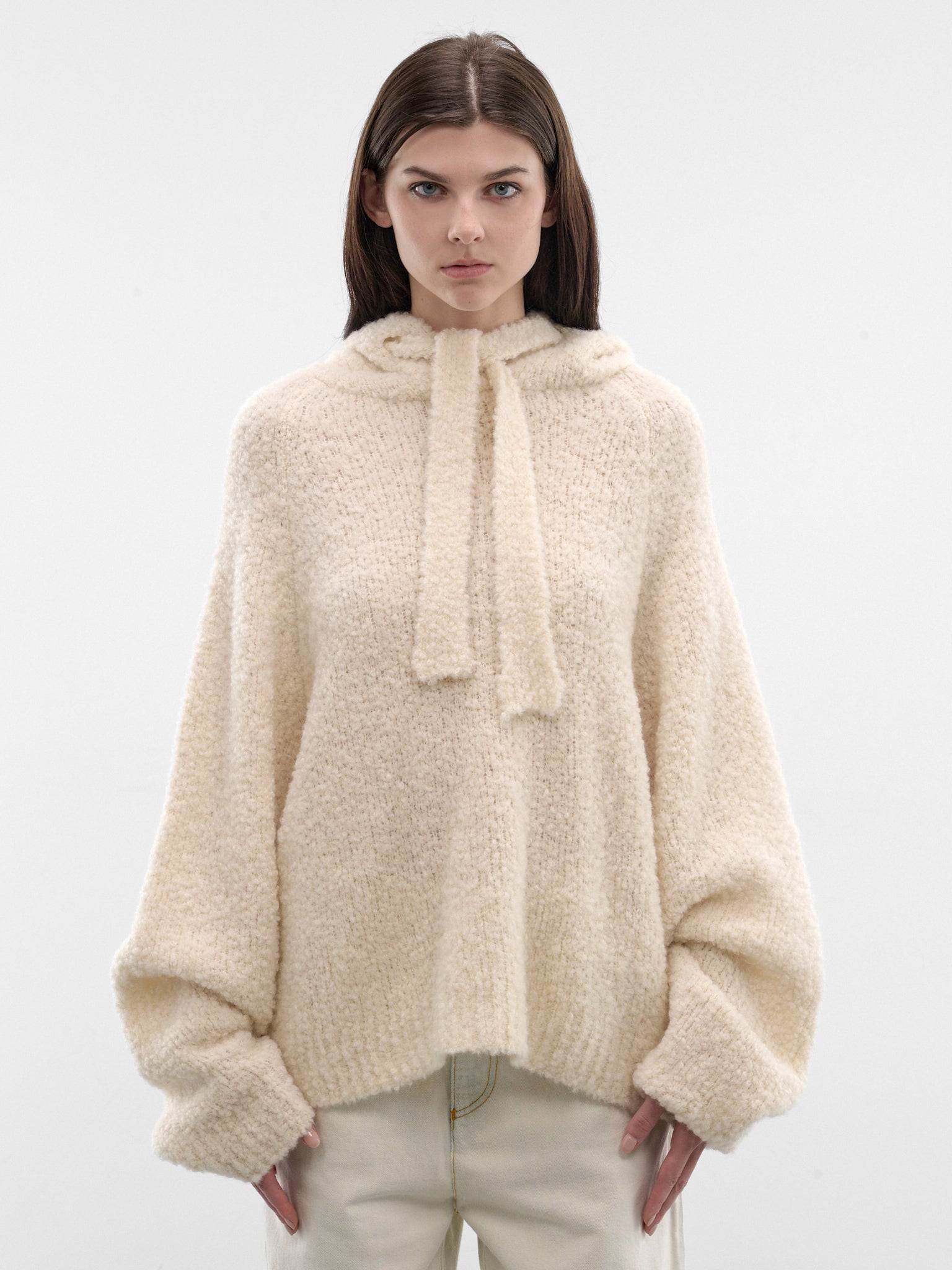 Ivory Wool-Silk Knit Hoodie (PPSS26SW01435-0023-IVORY)