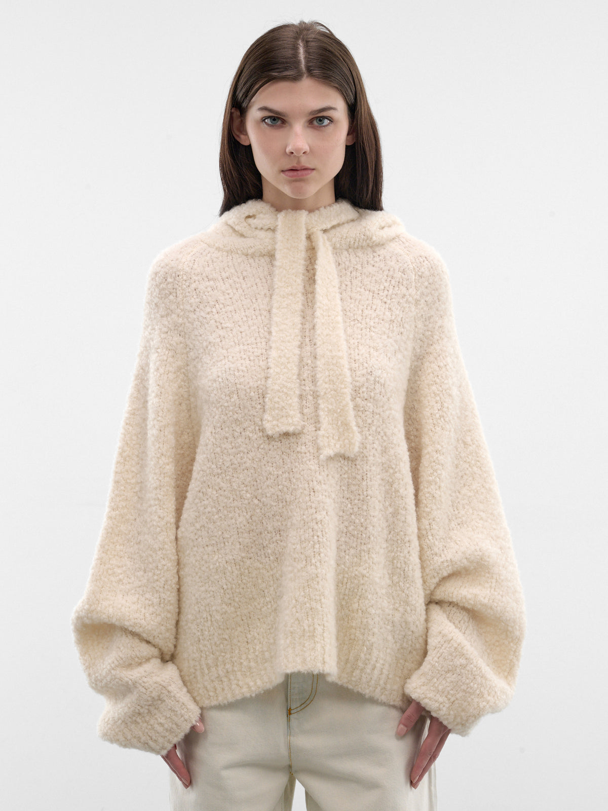 Ivory Wool-Silk Knit Hoodie (PPSS26SW01435-0023-IVORY)