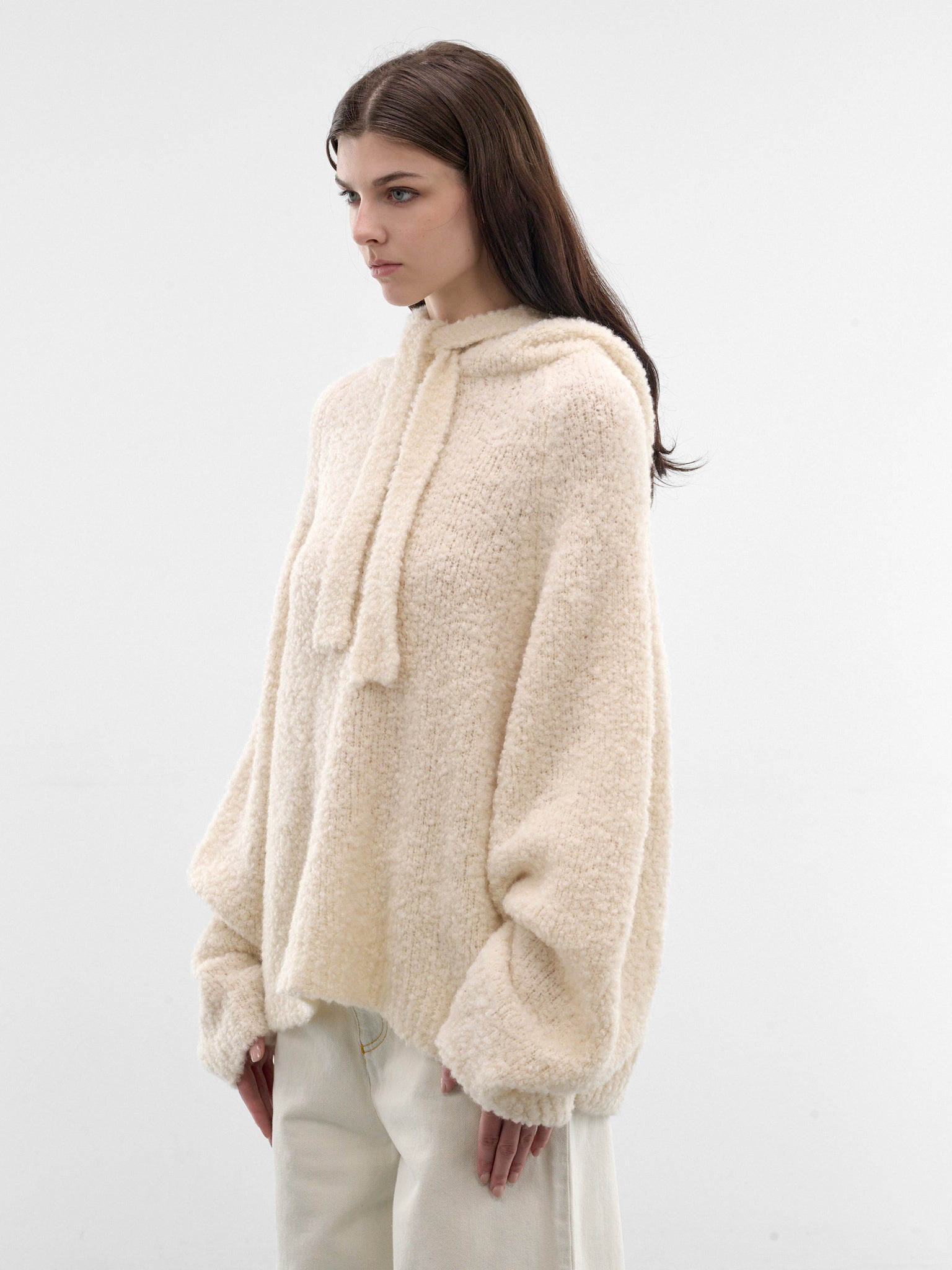 Ivory Wool-Silk Knit Hoodie (PPSS26SW01435-0023-IVORY)