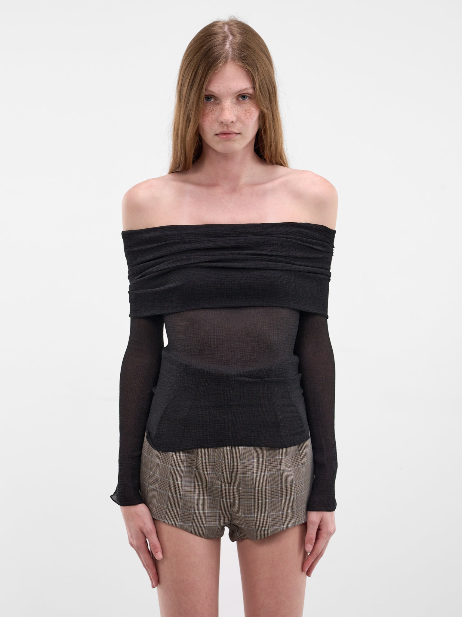 Black Silk Off-Shoulder Blouse (PPSS26TO01092-0015-BLACK)