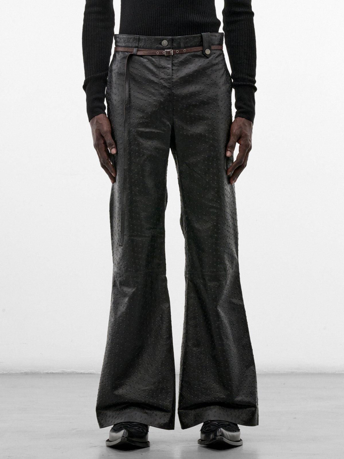 Black Sheep Leather Flared Trousers (PT-006-A-BLACK-OSTRICH)
