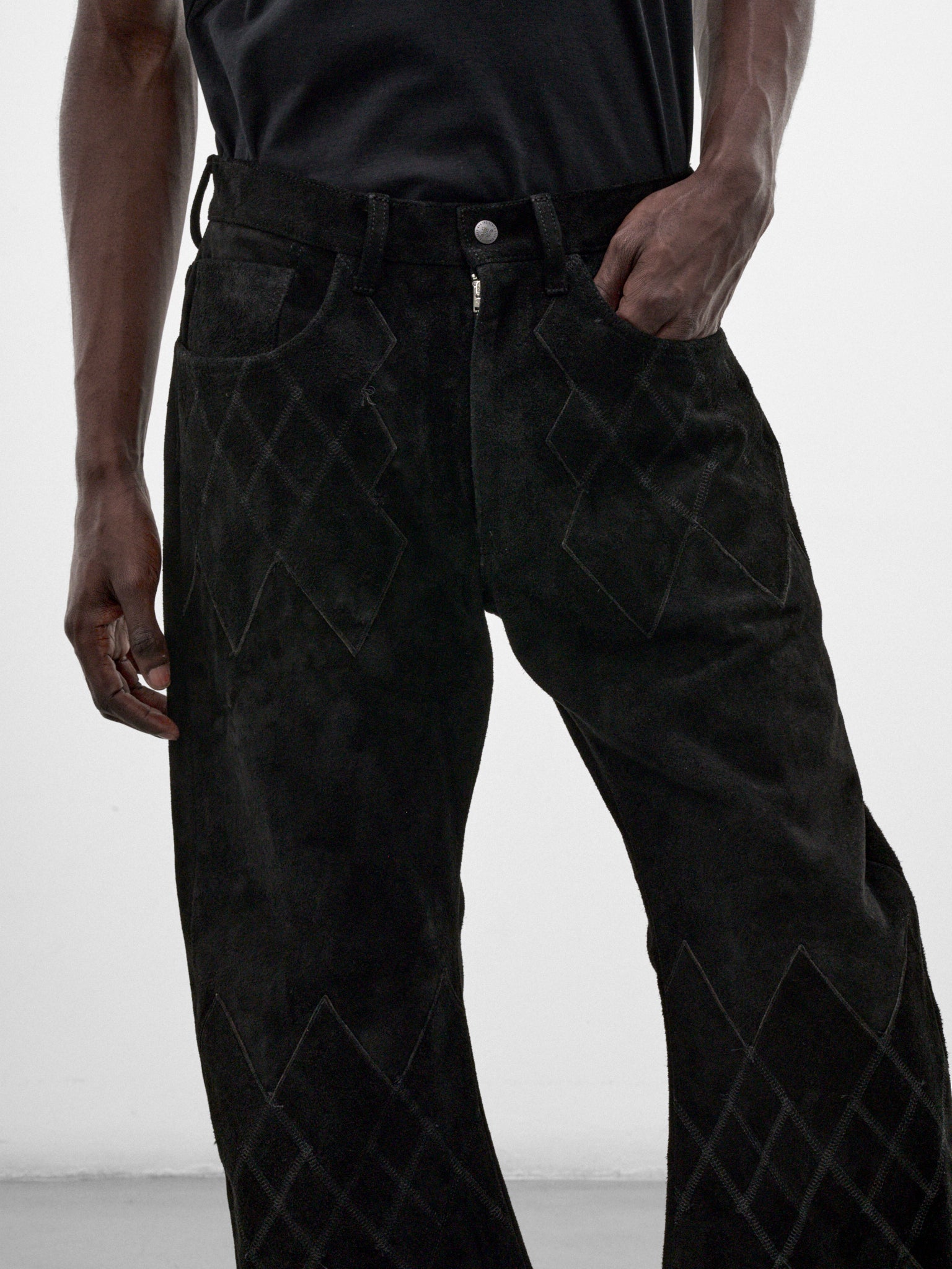 Black Suede Argyle Flared Trousers (PT-SV-NRA-1010-BLACK)